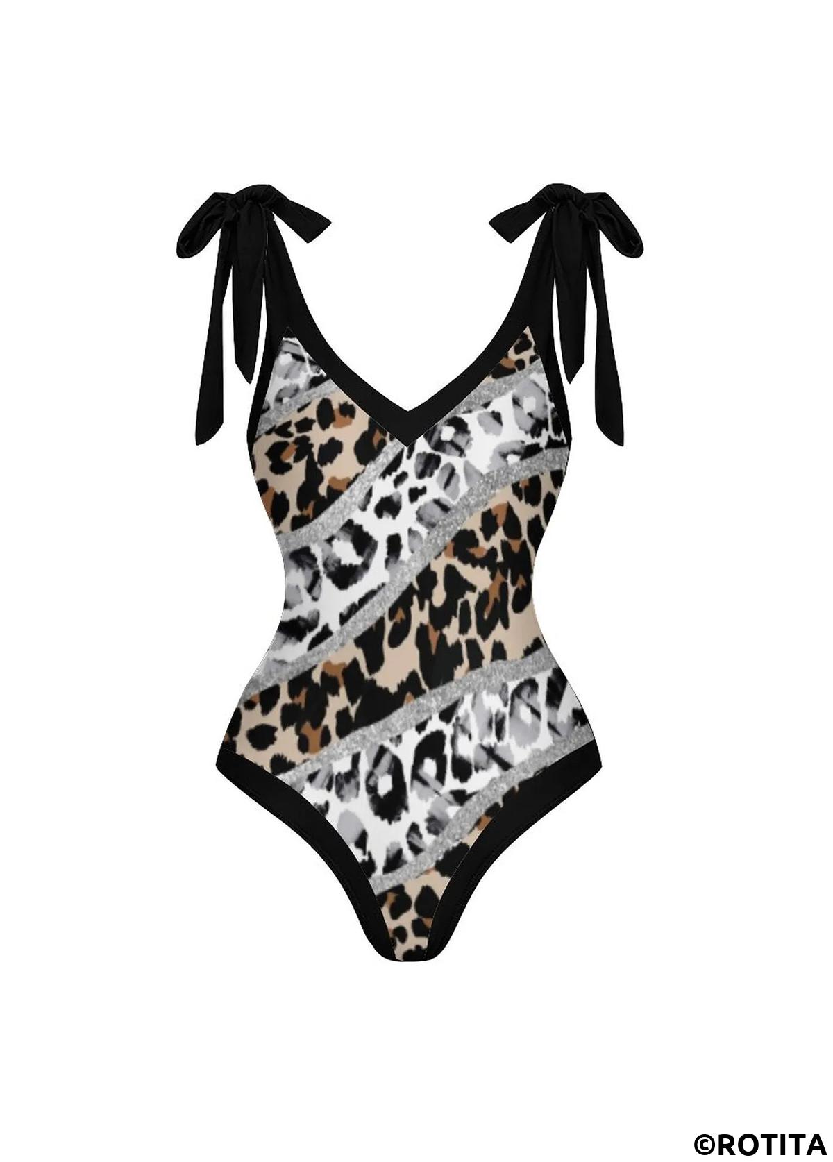 Black swimwear,Light Grey swimwear,Leopard swimwear,Striped swimwear,Geometric swimwear,Animal Print swimwear,ROTITA Black Bnowknot Leopard One Piece Swimwear and Skirt