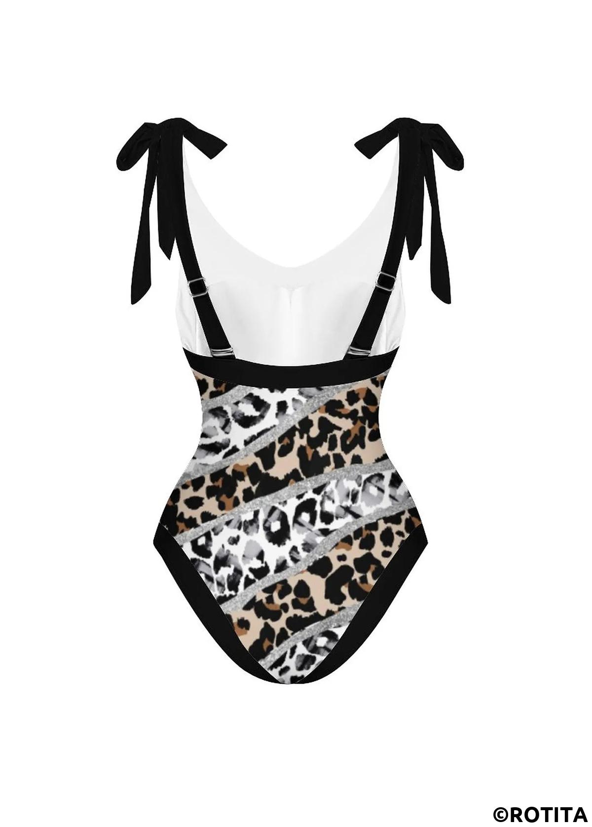 Black swimwear,Light Grey swimwear,Leopard swimwear,Striped swimwear,Geometric swimwear,Animal Print swimwear,ROTITA Black Bnowknot Leopard One Piece Swimwear and Skirt