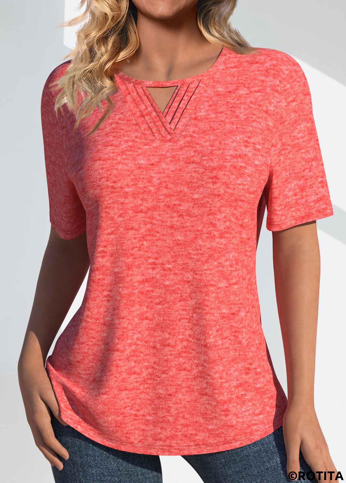 Coral tops,Plain Color tops,ROTITA Tuck Stitch Coral Round Neck Short Sleeve T Shirt