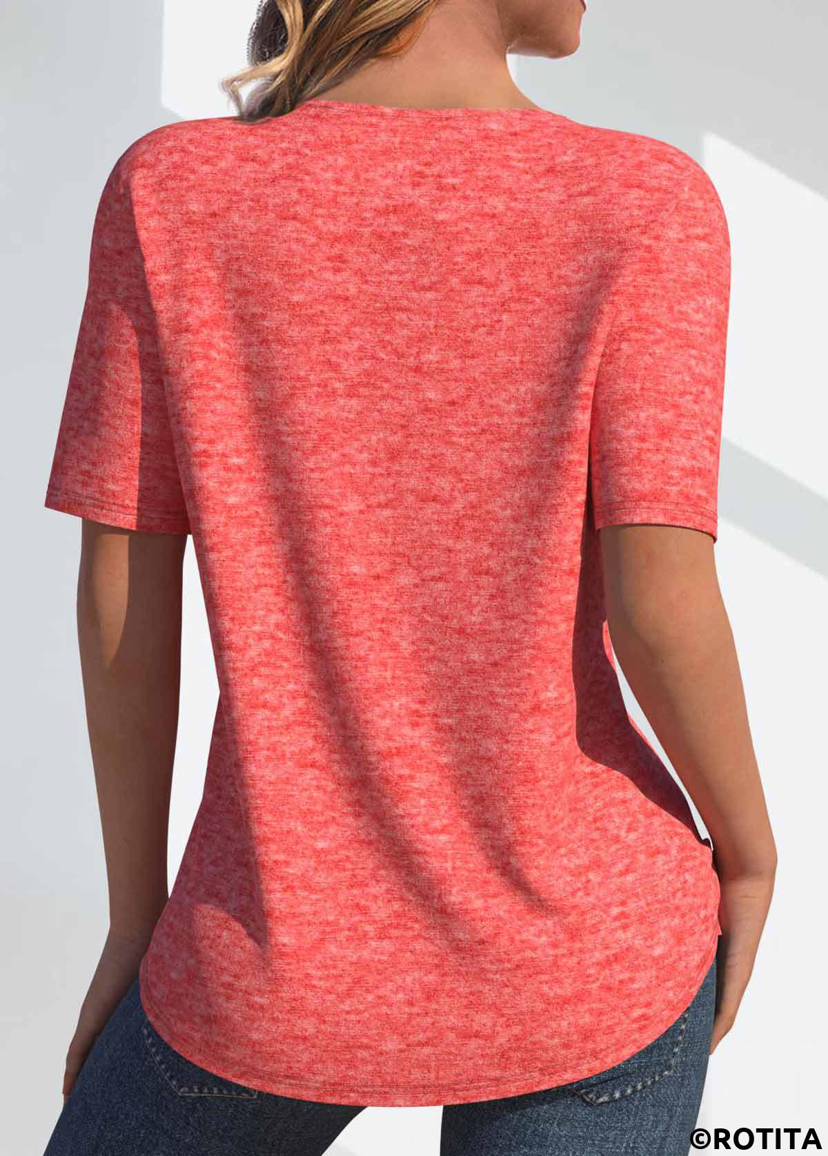 Coral tops,Plain Color tops,ROTITA Tuck Stitch Coral Round Neck Short Sleeve T Shirt