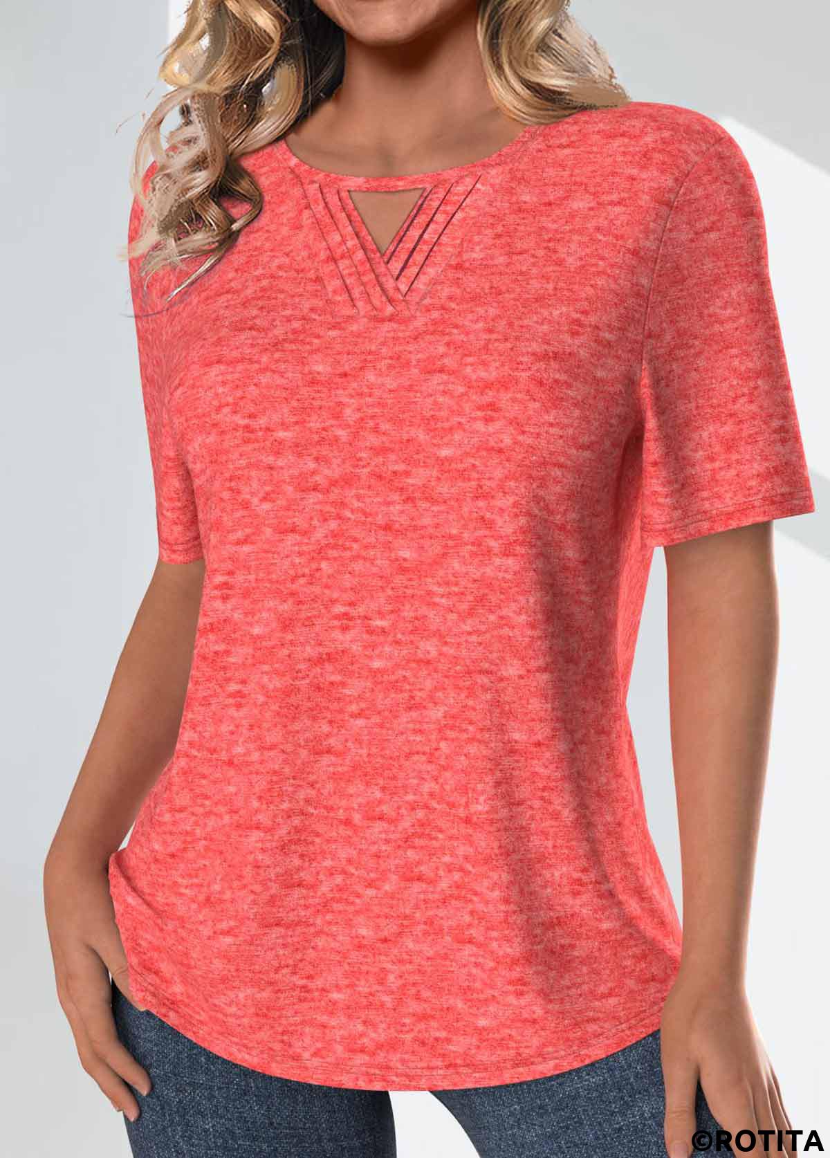 Coral tops,Plain Color tops,ROTITA Tuck Stitch Coral Round Neck Short Sleeve T Shirt