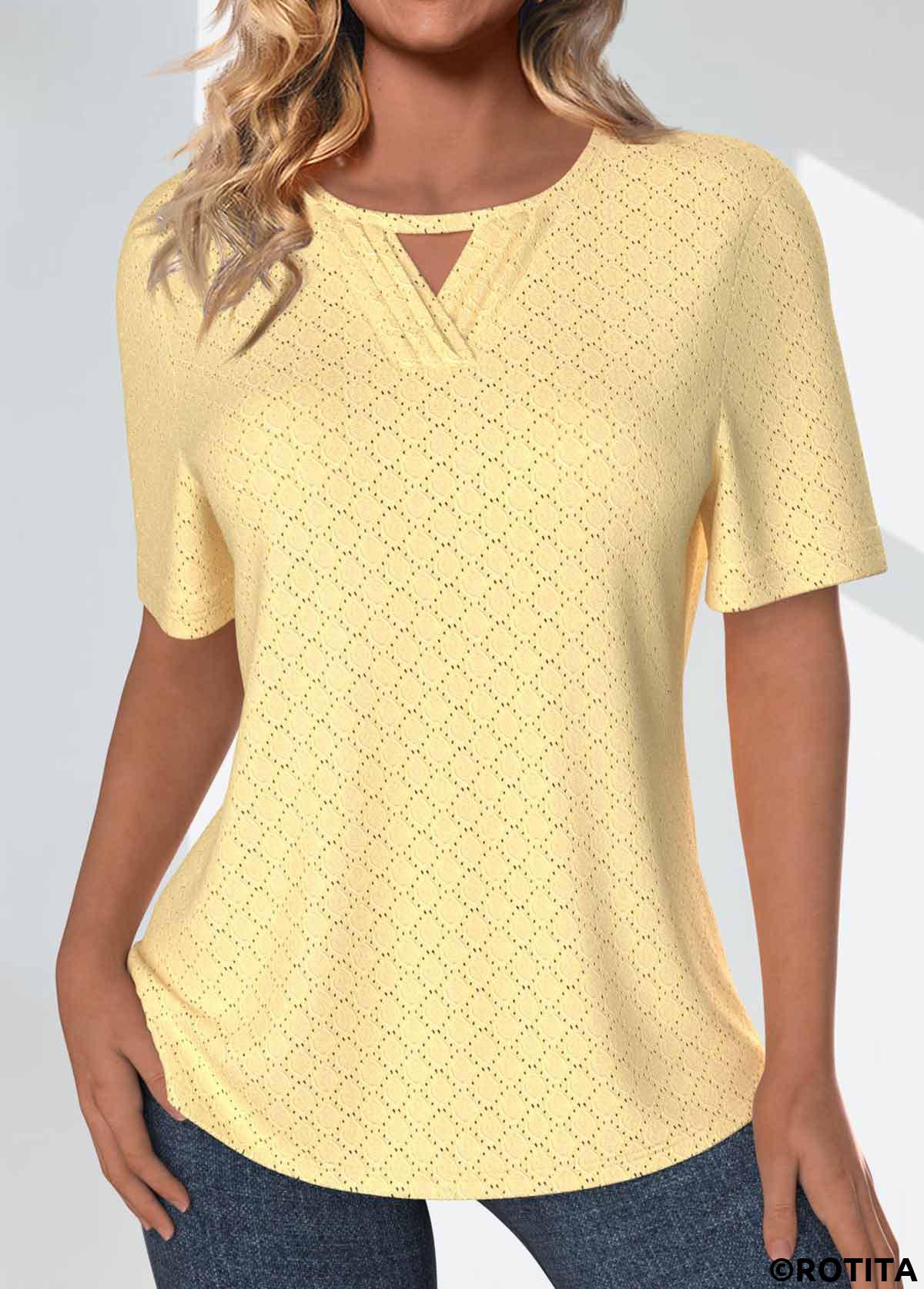Light Yellow tops,Plain Color tops,ROTITA Jacquard Light Yellow Round Neck Short Sleeve T Shirt