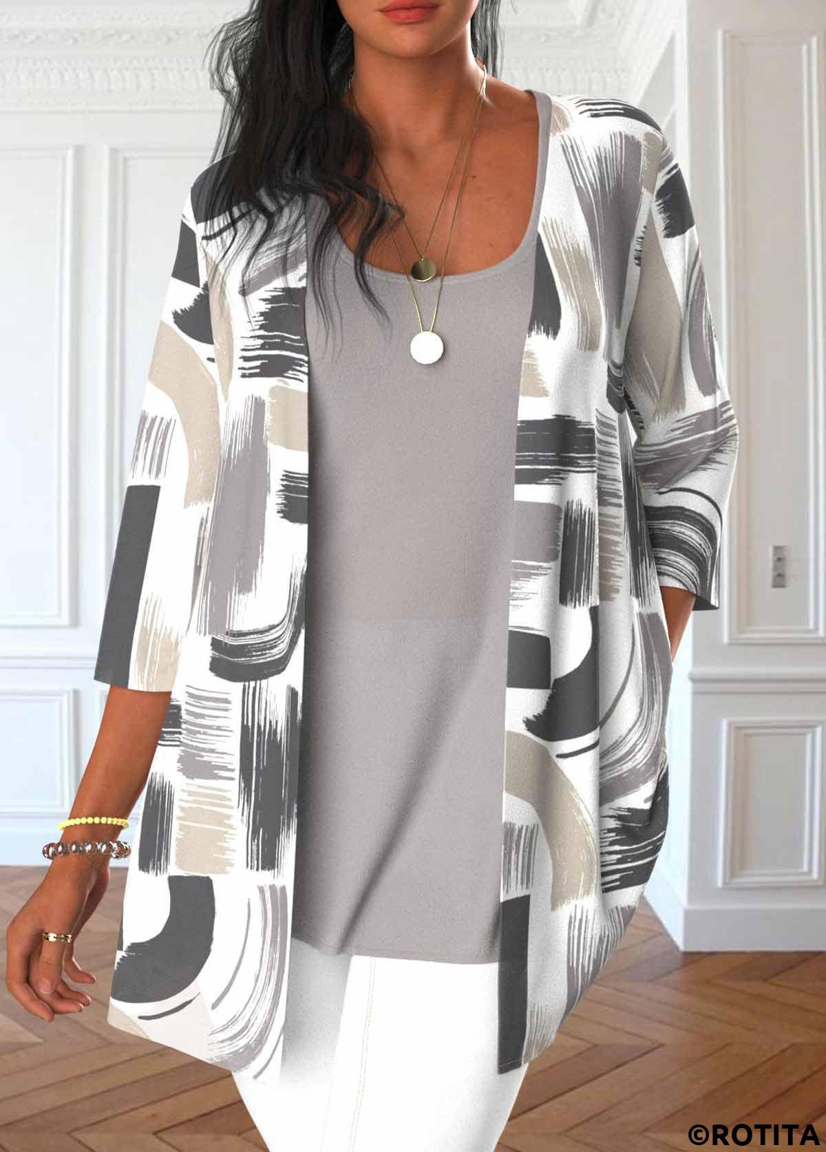 Grey tops,Graphic tops,ROTITA Two Piece Graffiti Print Grey Cardigan and Tank Top