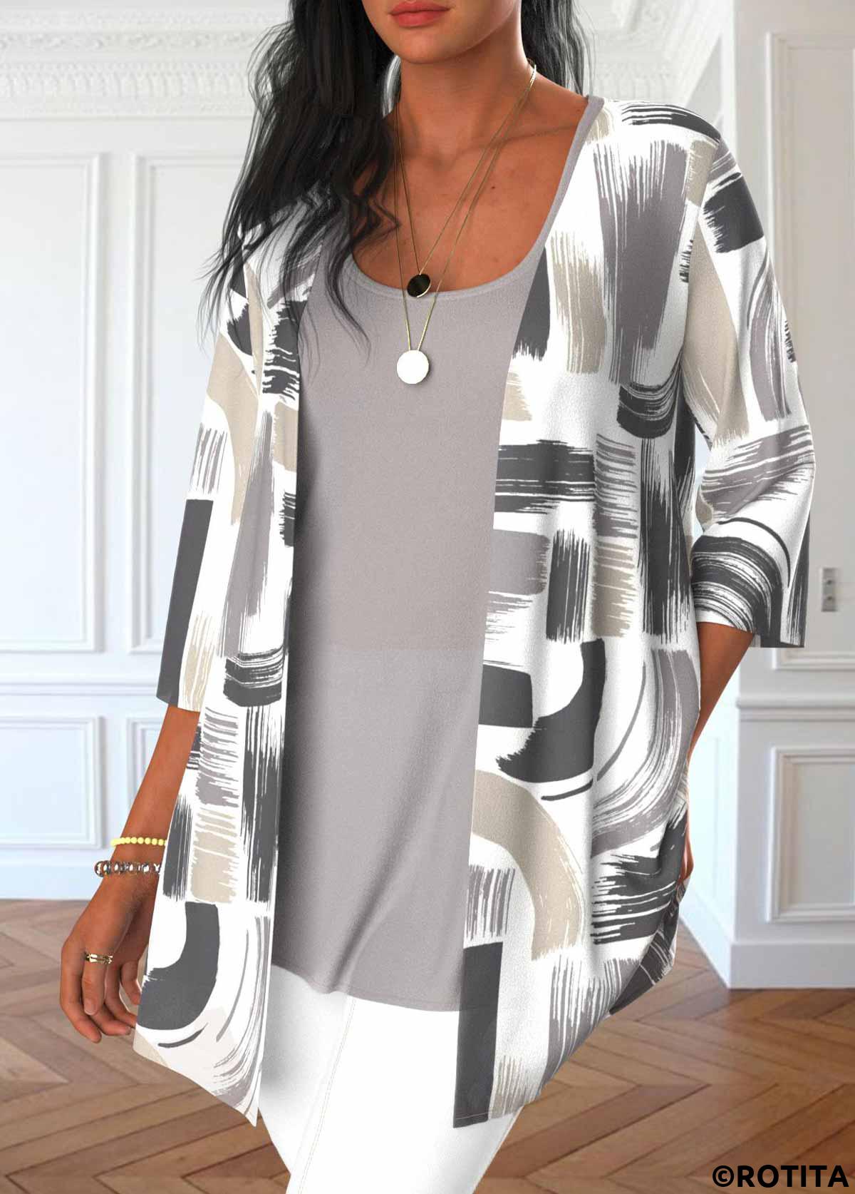Grey tops,Graphic tops,ROTITA Two Piece Graffiti Print Grey Cardigan and Tank Top