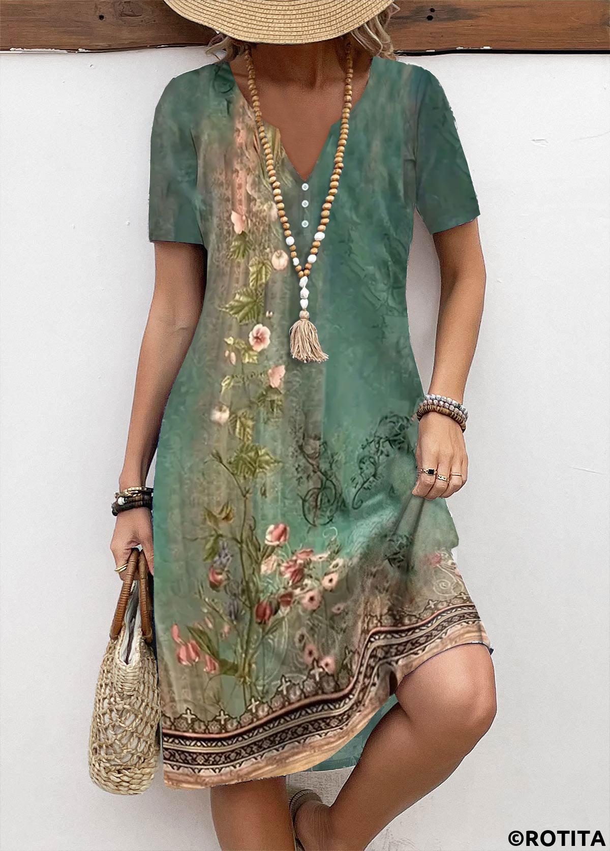 Green dresses,Floral dresses,Plants dresses,Everyday dresses,Casual dresses,ROTITA Button Floral Print Green A Line Split Neck Dress