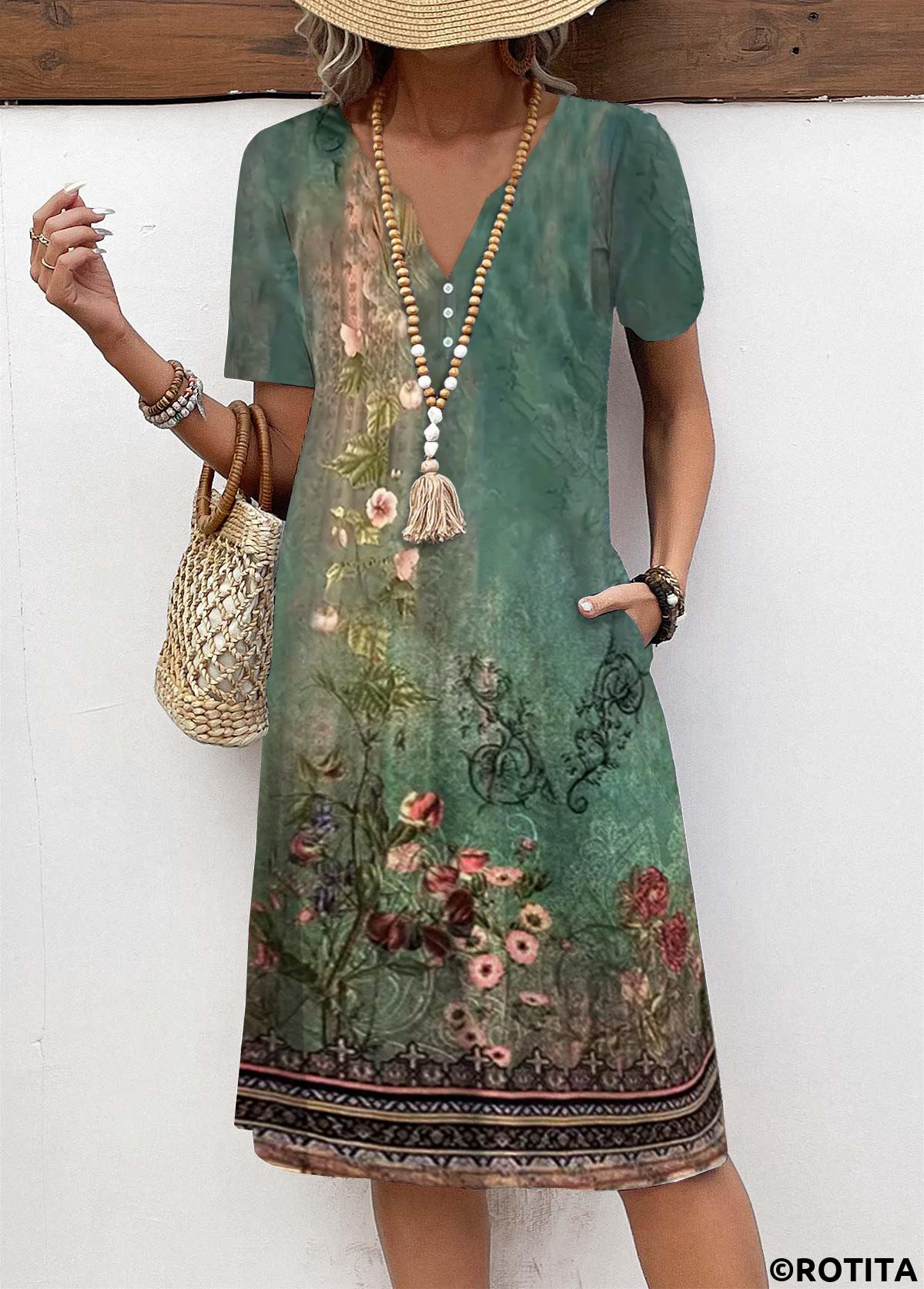 Green dresses,Floral dresses,Plants dresses,Everyday dresses,Casual dresses,ROTITA Button Floral Print Green A Line Split Neck Dress