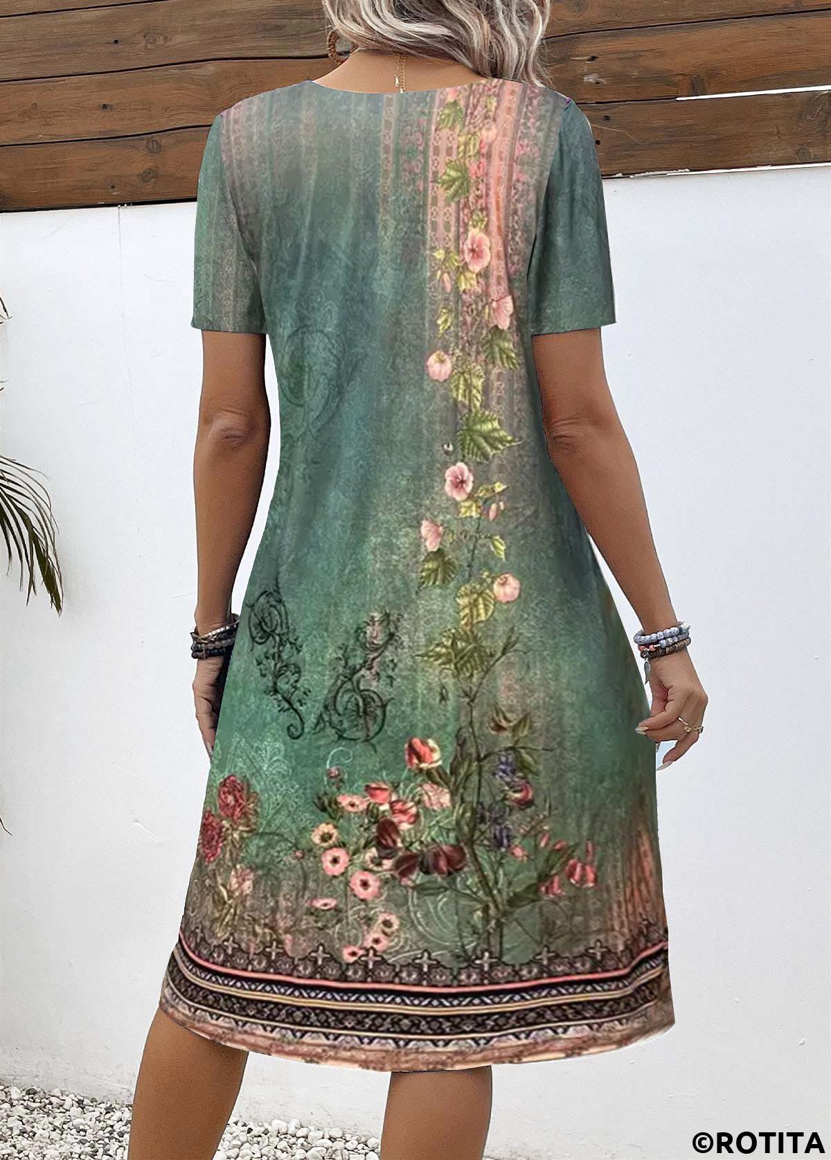 Green dresses,Floral dresses,Plants dresses,Everyday dresses,Casual dresses,ROTITA Button Floral Print Green A Line Split Neck Dress