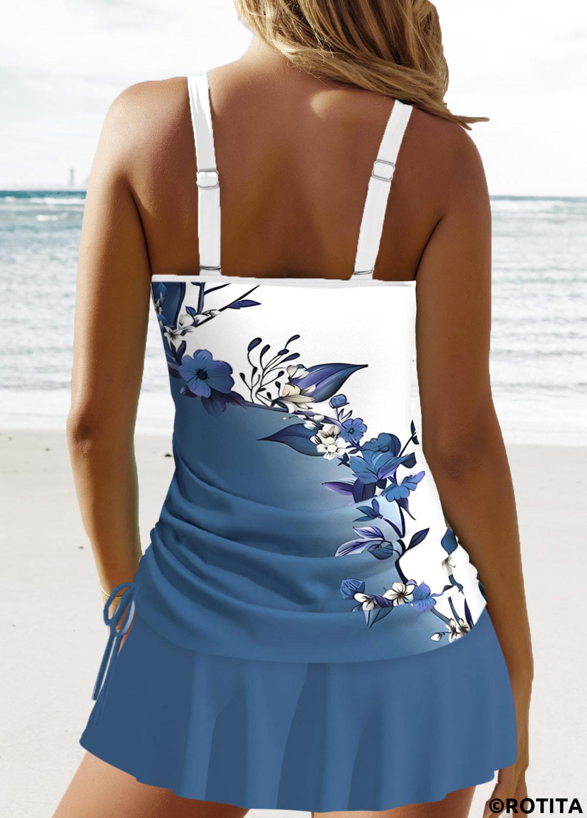 Dusty Blue swimwear,White swimwear,Floral swimwear,Plants swimwear,ROTITA Circular Ring Dusty Blue Floral Print Tankini Set