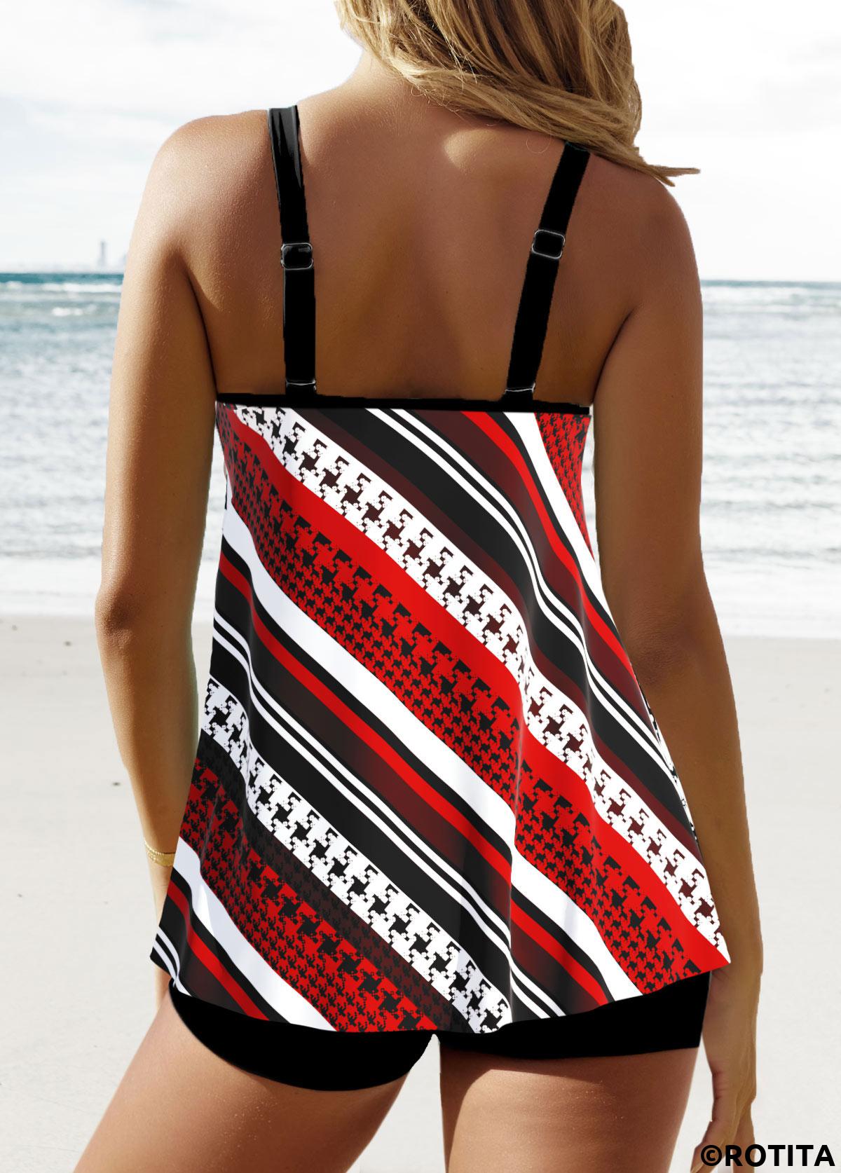 Red swimwear,Black swimwear,Striped swimwear,Geometric swimwear,ROTITA Circular Ring Red Striped Tankini Top