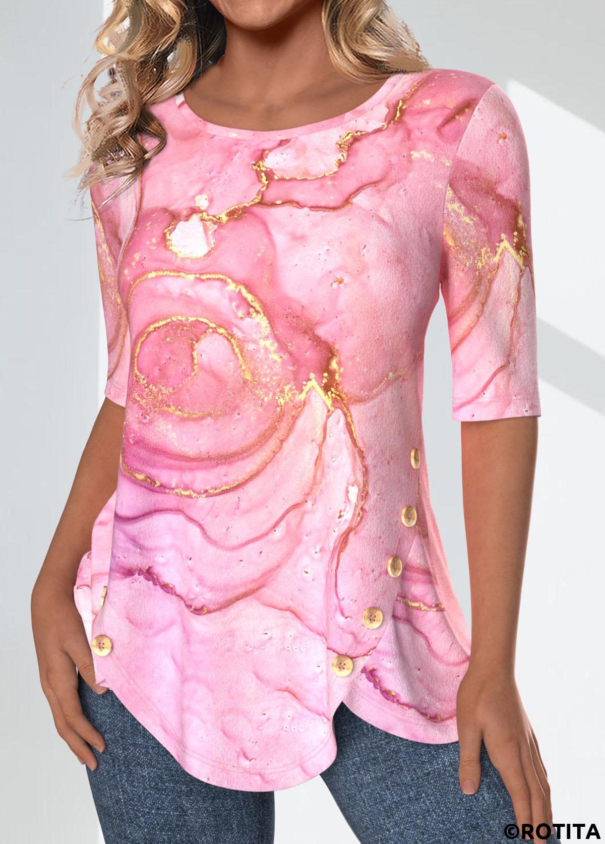 t-shirt col rond rose imprimé marbre fendu rotita