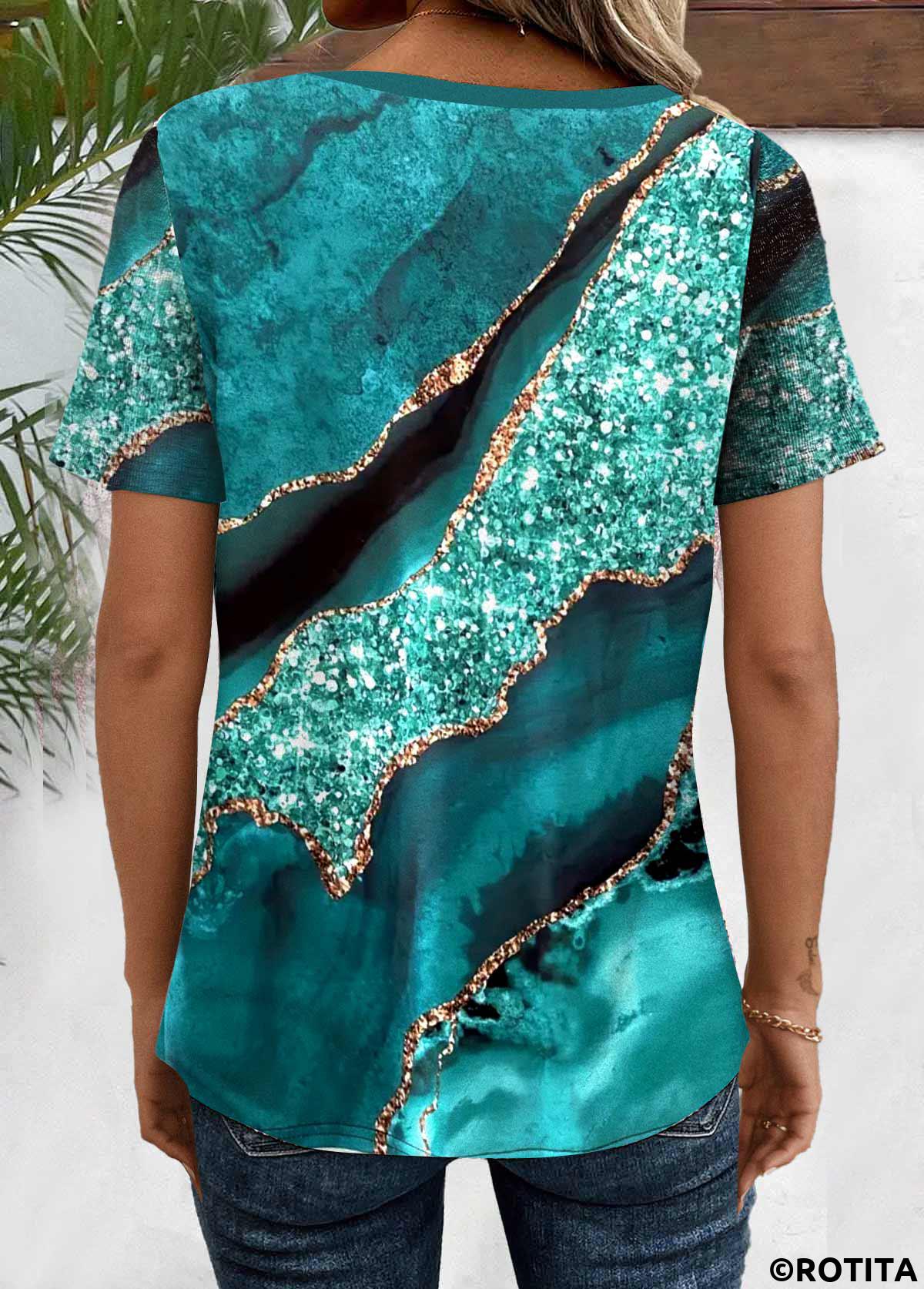 Turquoise plus size,Marble plus size,ROTITA Plus Size Button Turquoise Marble Print T Shirt