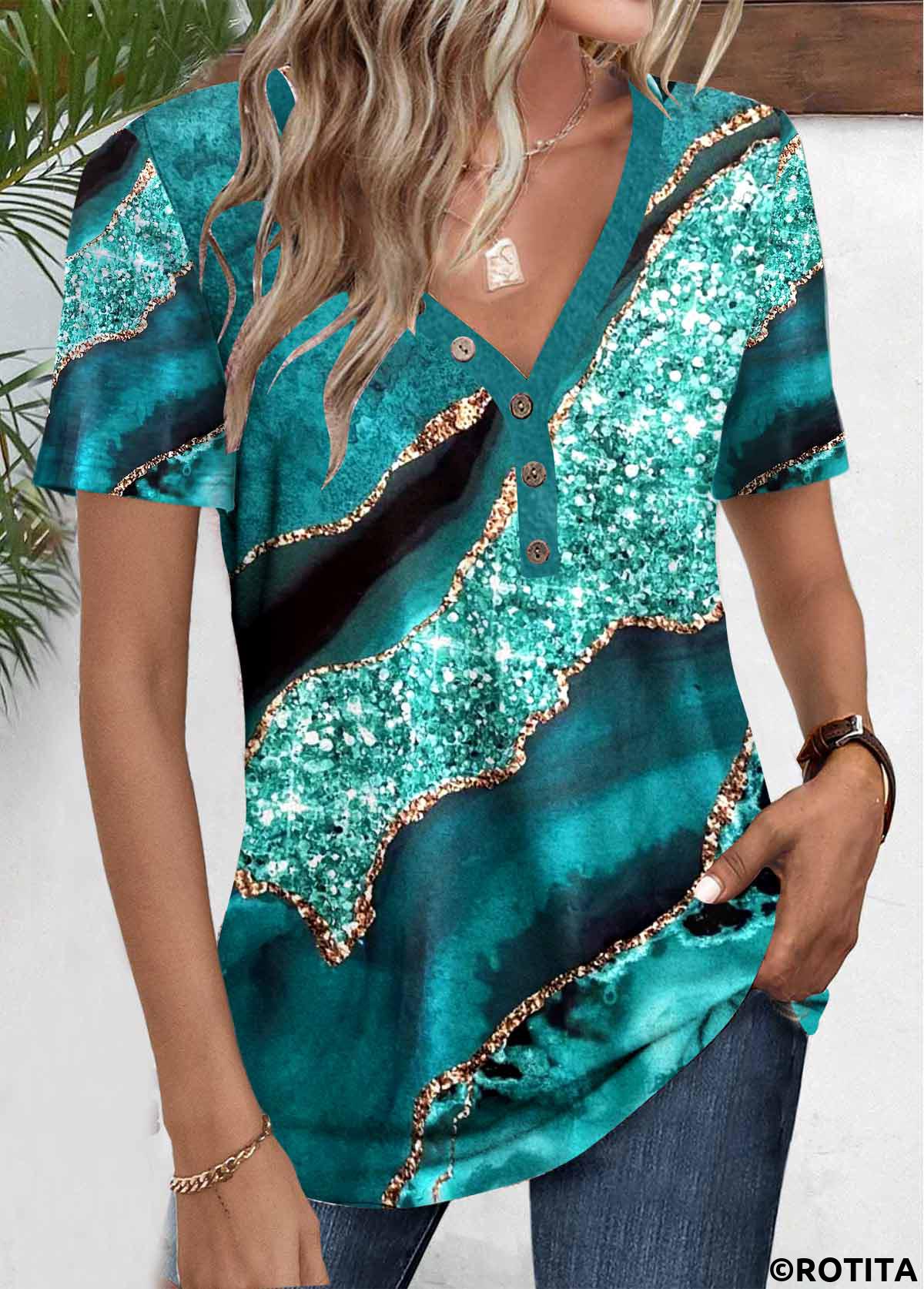 Turquoise plus size,Marble plus size,ROTITA Plus Size Button Turquoise Marble Print T Shirt