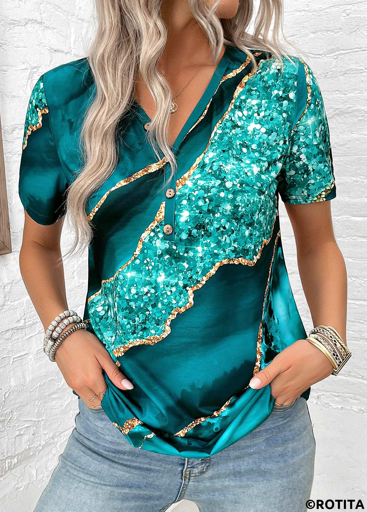 Turquoise plus size,Marble plus size,ROTITA Plus Size Button Turquoise Marble Print T Shirt