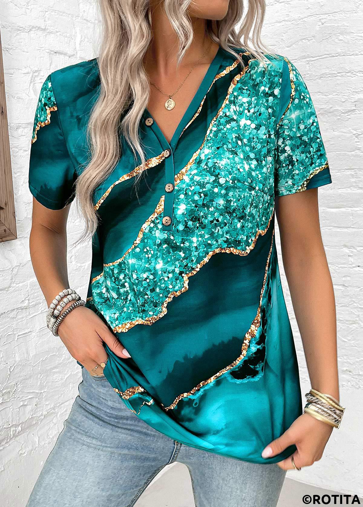 Turquoise plus size,Marble plus size,ROTITA Plus Size Button Turquoise Marble Print T Shirt