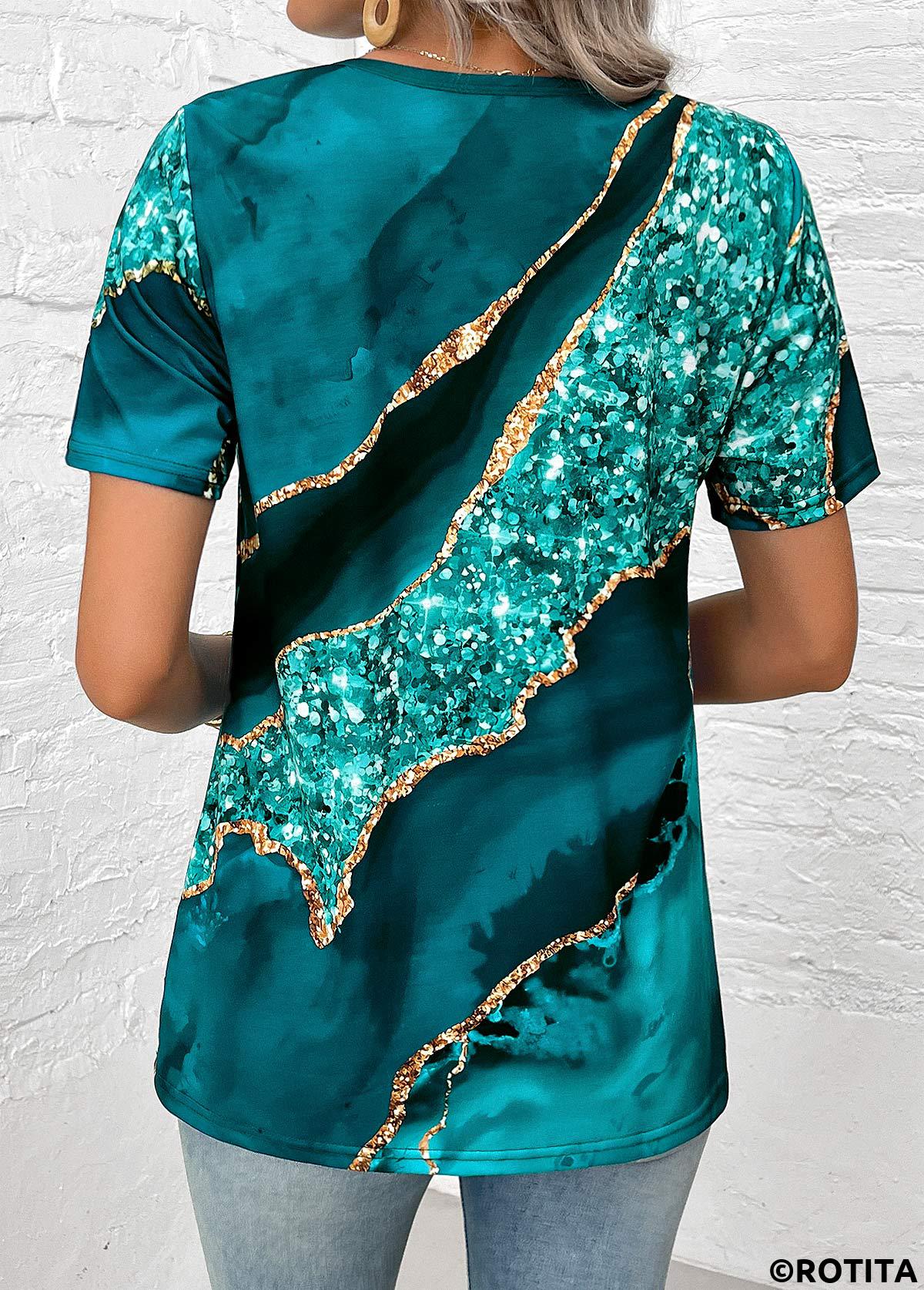Turquoise plus size,Marble plus size,ROTITA Plus Size Button Turquoise Marble Print T Shirt