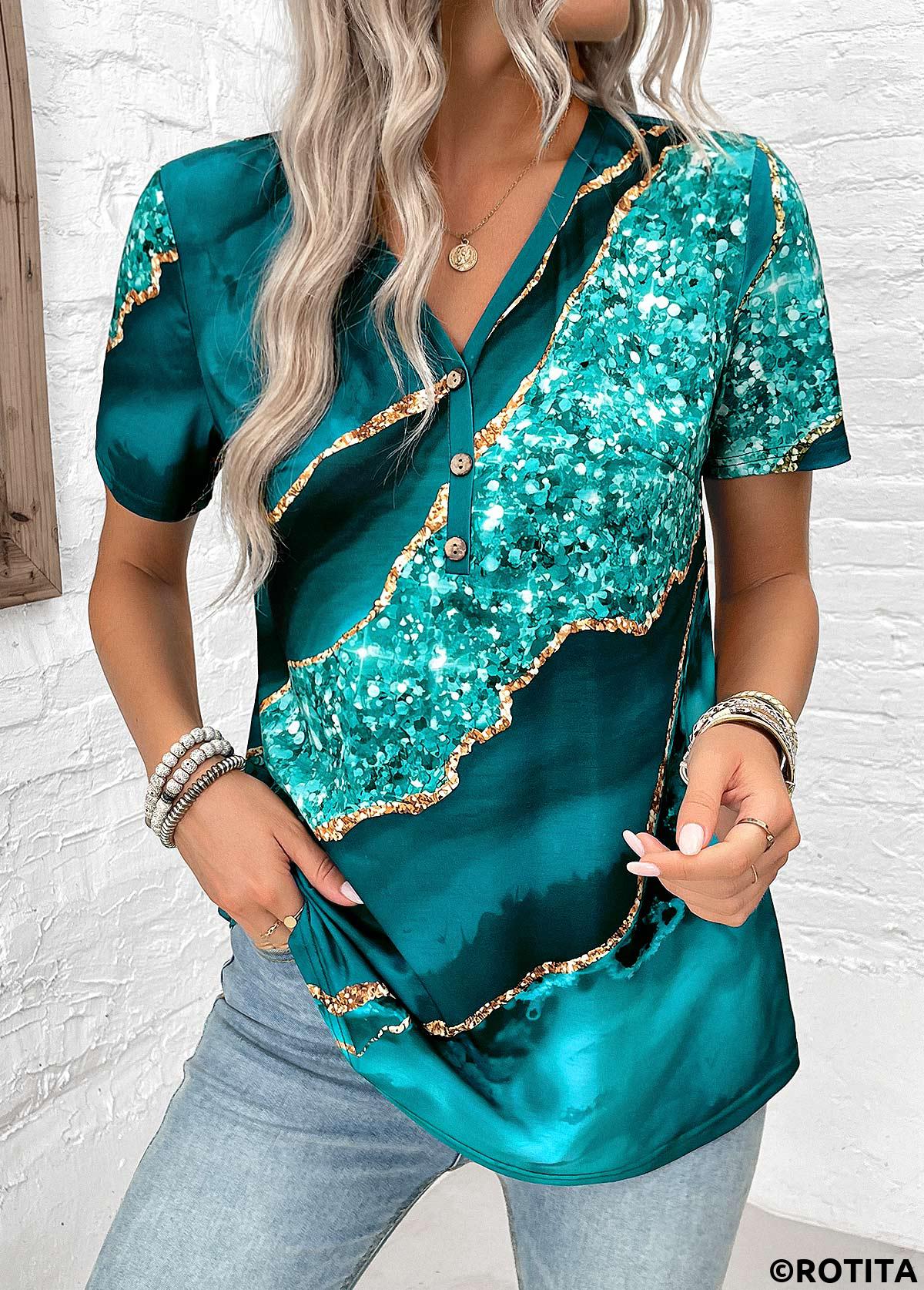 Turquoise plus size,Marble plus size,ROTITA Plus Size Button Turquoise Marble Print T Shirt