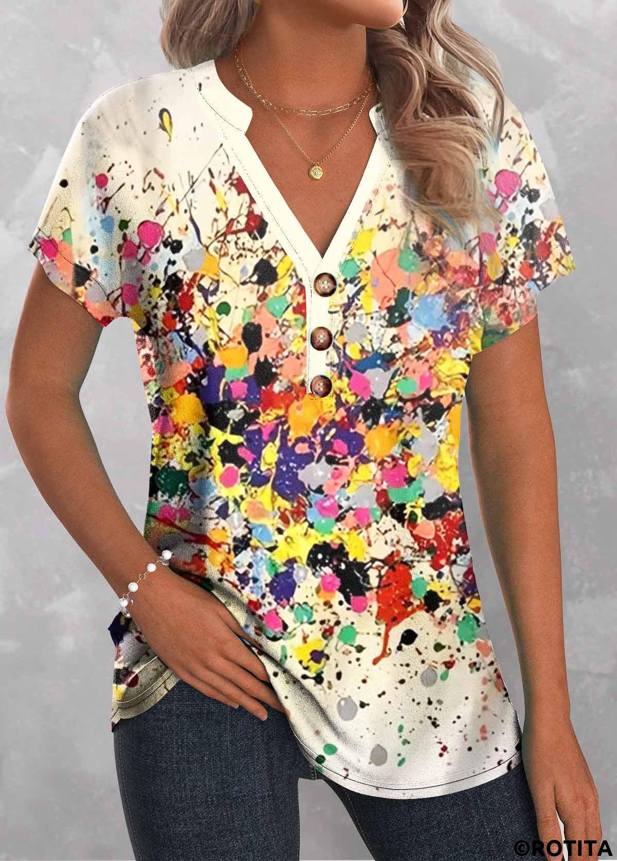 Multi Color tops,Rainbow Color tops,Dazzle Colorful tops,ROTITA Patchwork Dazzle Colorful Print Multi Color T Shirt