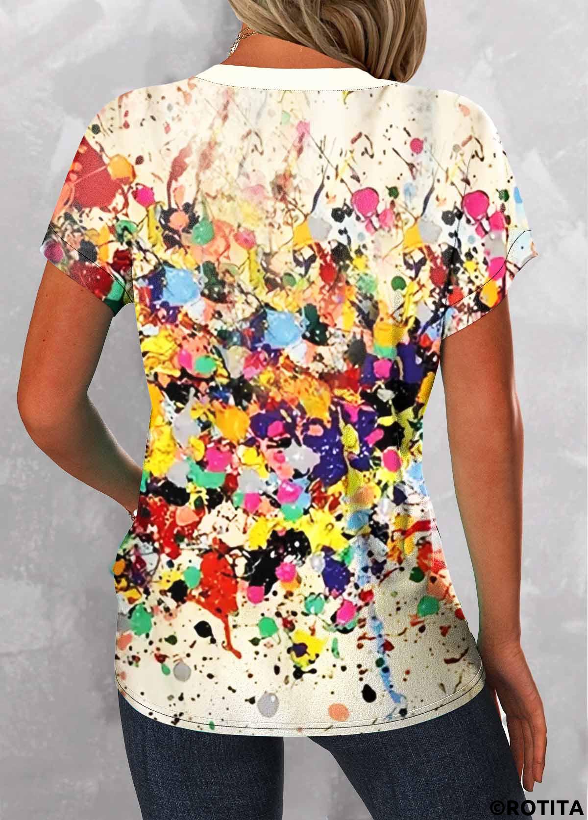 Multi Color tops,Rainbow Color tops,Dazzle Colorful tops,ROTITA Patchwork Dazzle Colorful Print Multi Color T Shirt
