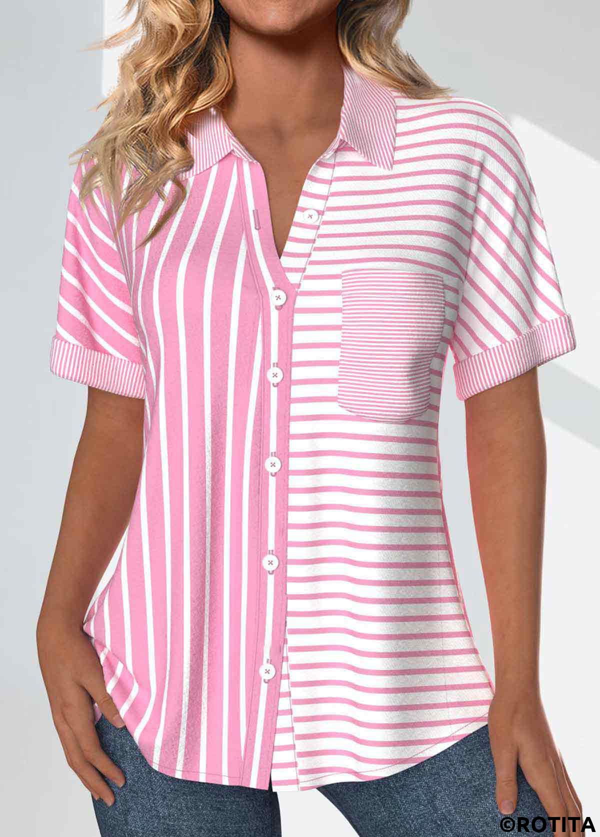 Pink tops,White tops,Striped tops,Geometric tops,ROTITA Pocket Striped Pink Short Sleeve Shirt