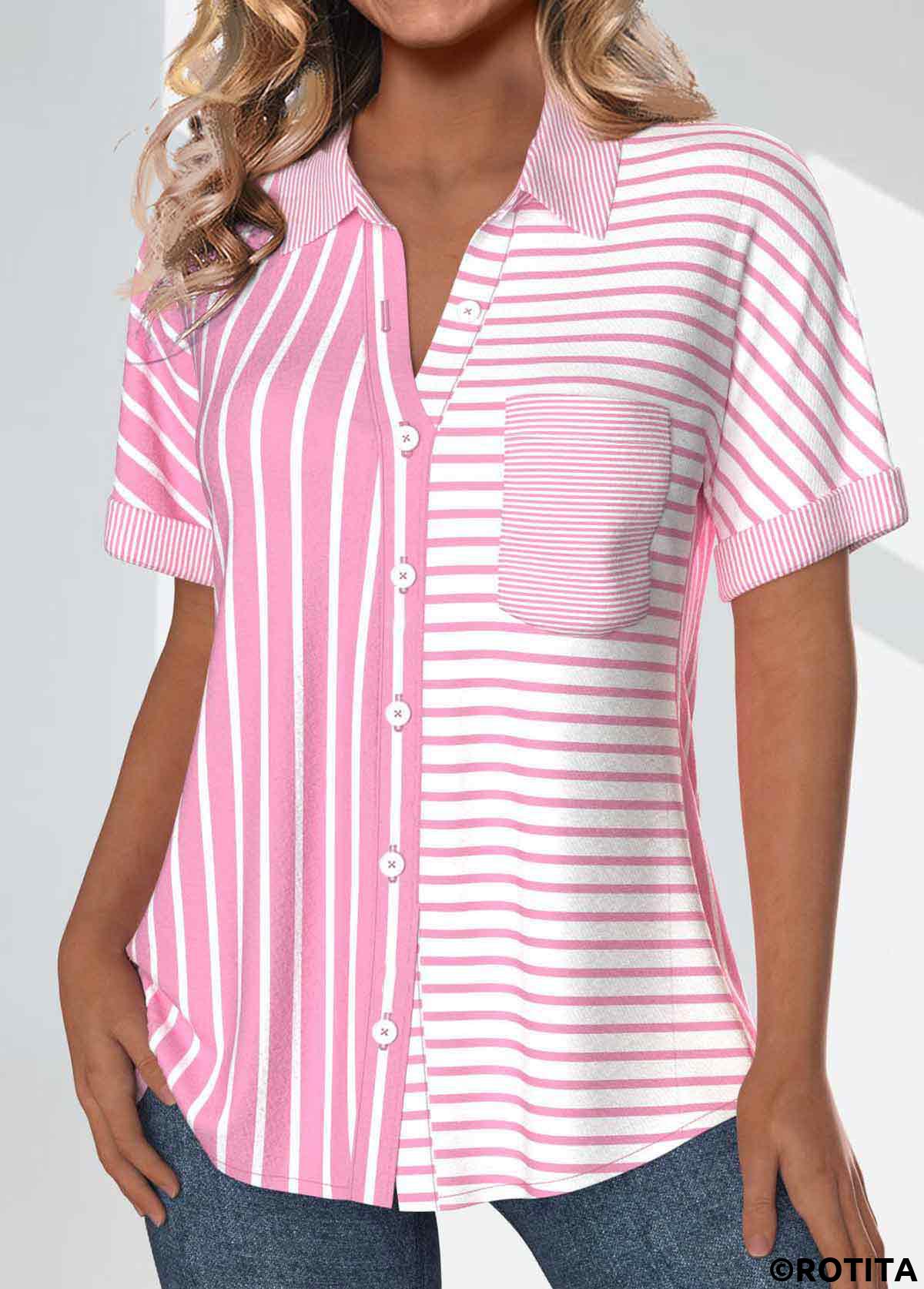 Pink tops,White tops,Striped tops,Geometric tops,ROTITA Pocket Striped Pink Short Sleeve Shirt