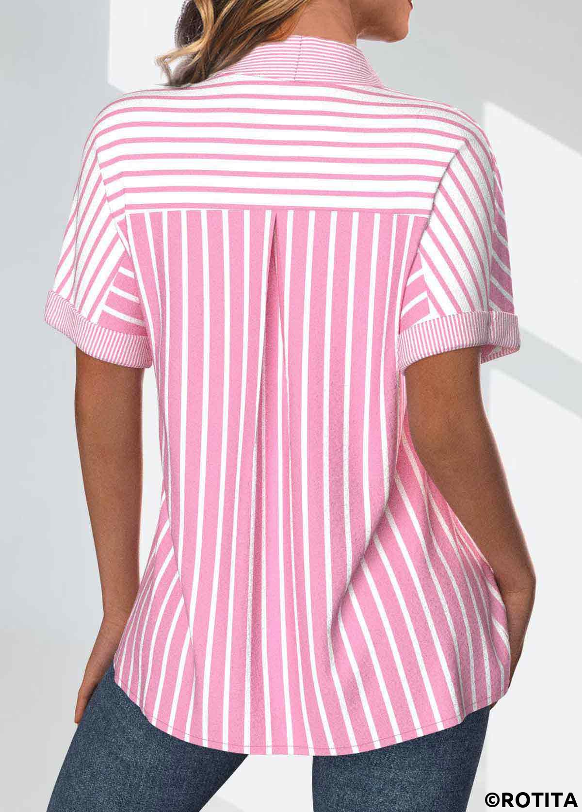 Pink tops,White tops,Striped tops,Geometric tops,ROTITA Pocket Striped Pink Short Sleeve Shirt