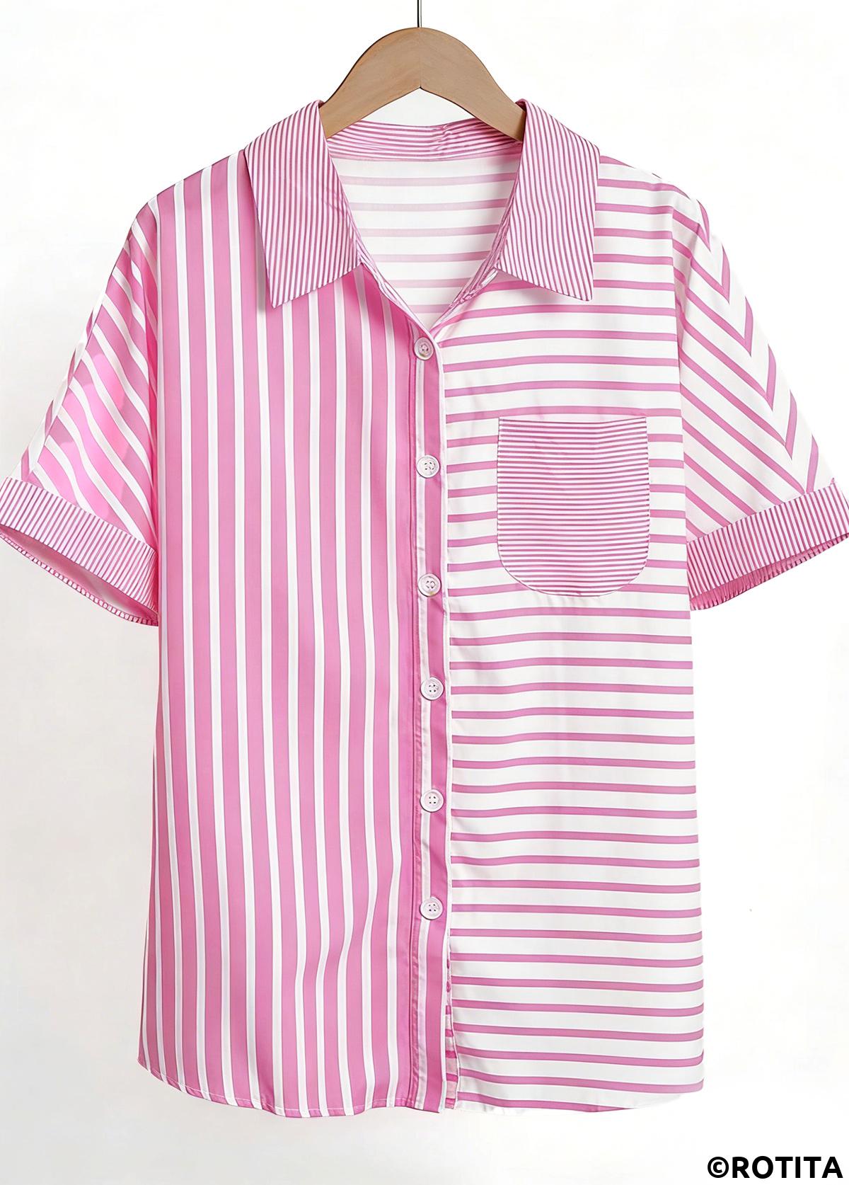 Pink tops,White tops,Striped tops,Geometric tops,ROTITA Pocket Striped Pink Short Sleeve Shirt