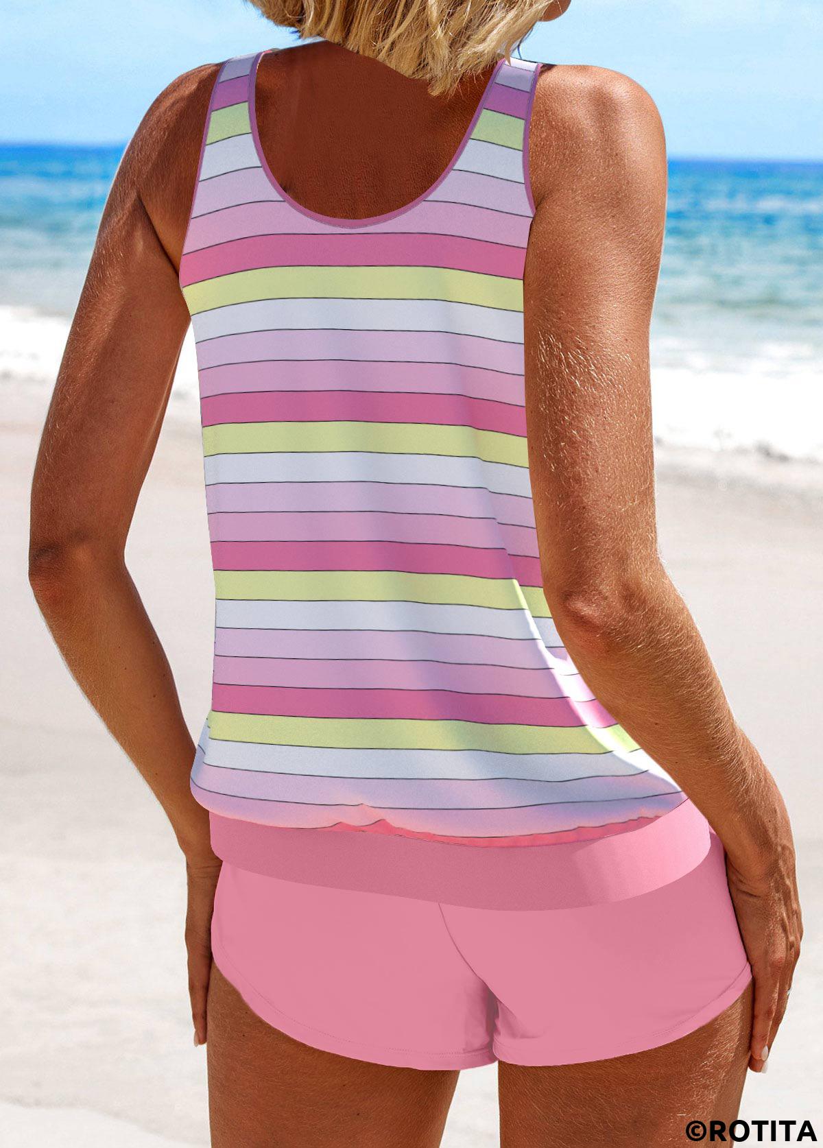 Pink swimwear,Striped swimwear,Geometric swimwear,ROTITA Patchwork Pink Multi Stripe Print Tankini Set