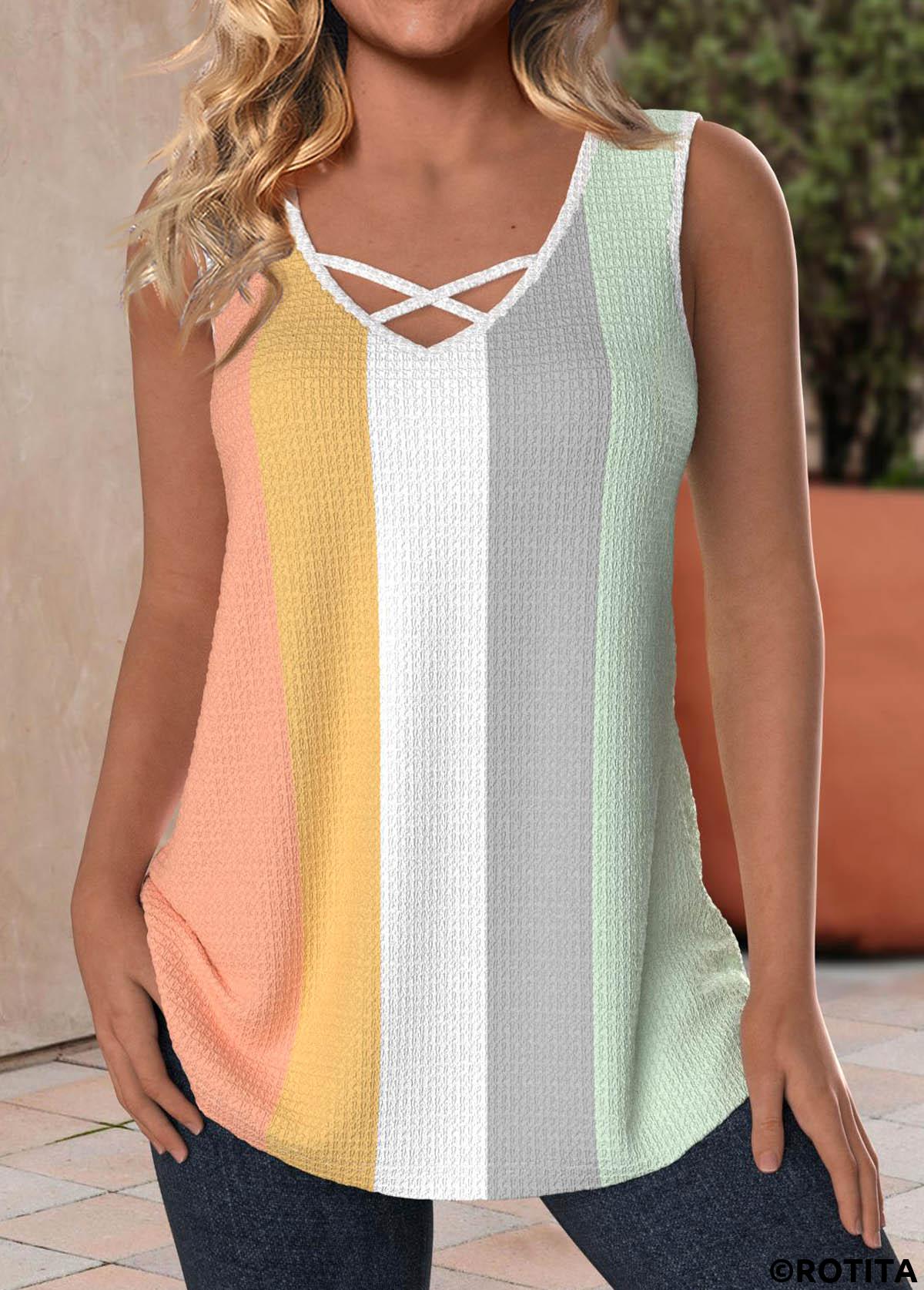 Multi Color tops,Rainbow Color tops,Contrast Color tops,ROTITA Criss Cross Multi Color V Neck Tank Top