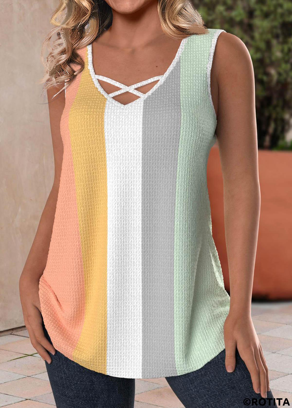 Multi Color tops,Rainbow Color tops,Contrast Color tops,ROTITA Criss Cross Multi Color V Neck Tank Top