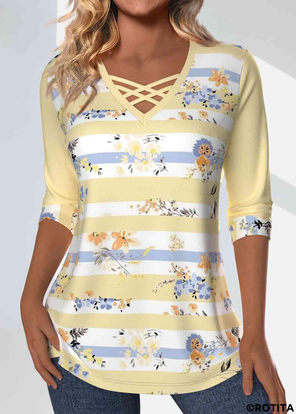 Light Yellow tops,Striped tops,Geometric tops,Floral tops,Plants tops,ROTITA Patchwork Striped Light Yellow V Neck T Shirt