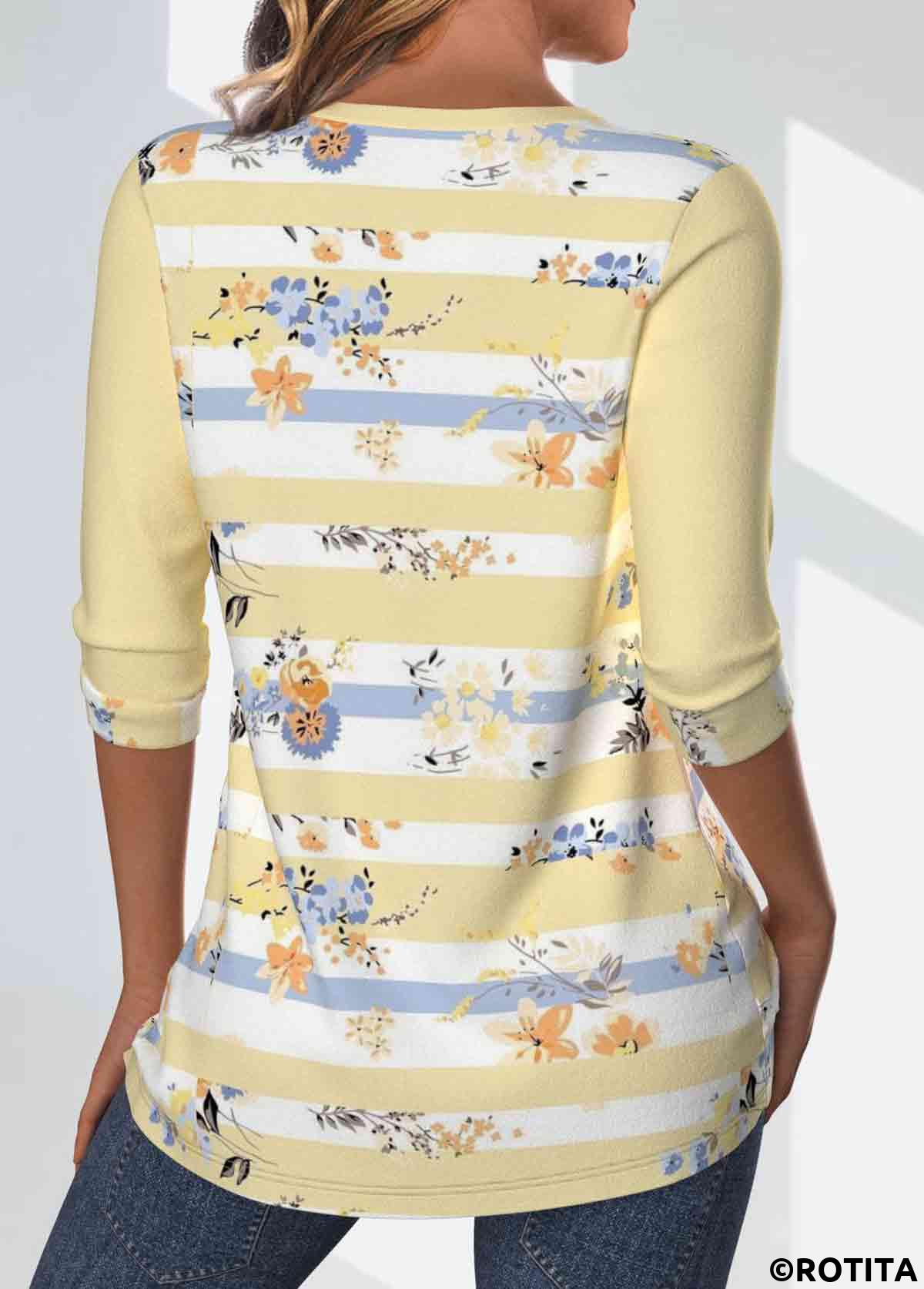 Light Yellow tops,Striped tops,Geometric tops,Floral tops,Plants tops,ROTITA Patchwork Striped Light Yellow V Neck T Shirt
