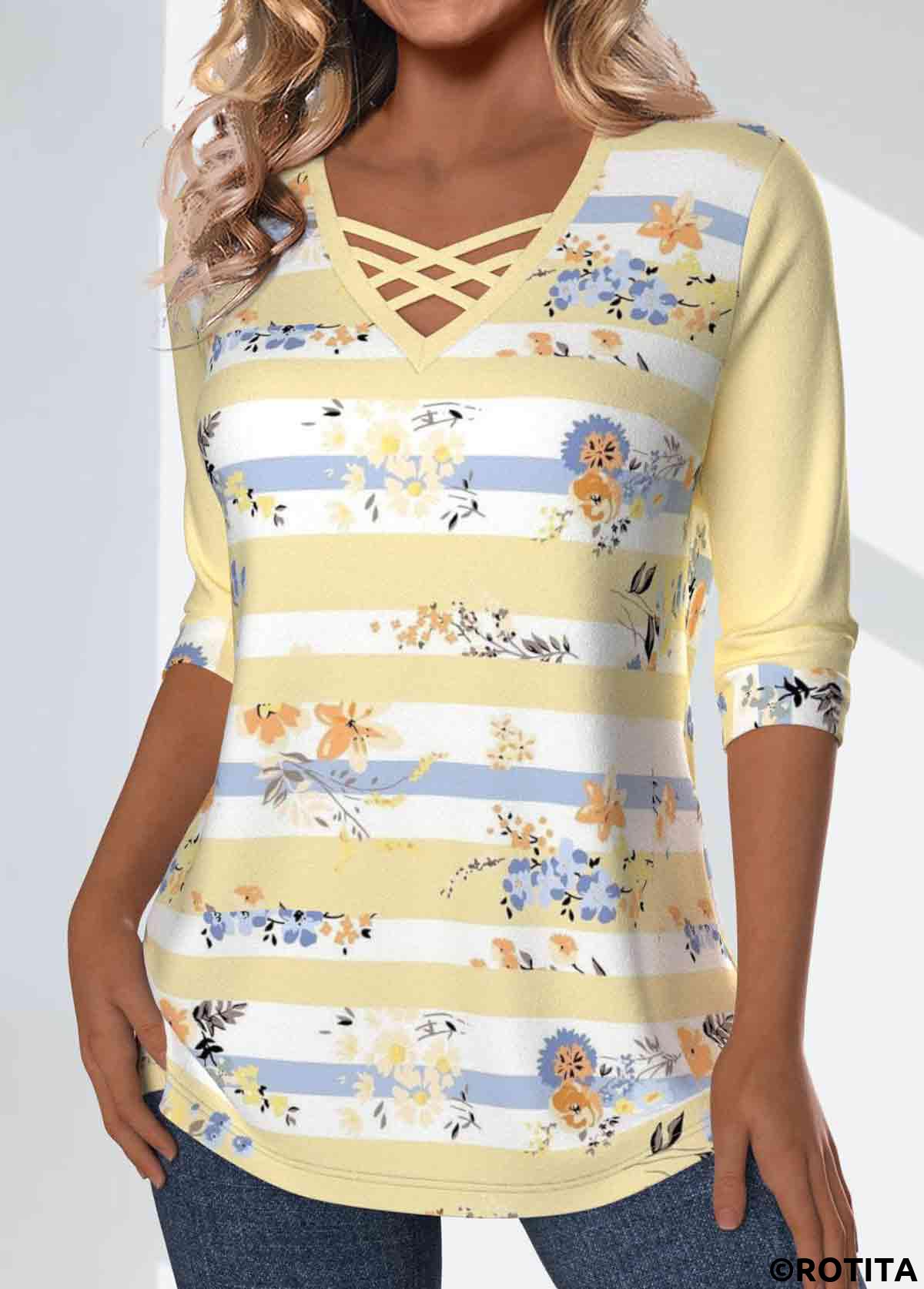 Light Yellow tops,Striped tops,Geometric tops,Floral tops,Plants tops,ROTITA Patchwork Striped Light Yellow V Neck T Shirt