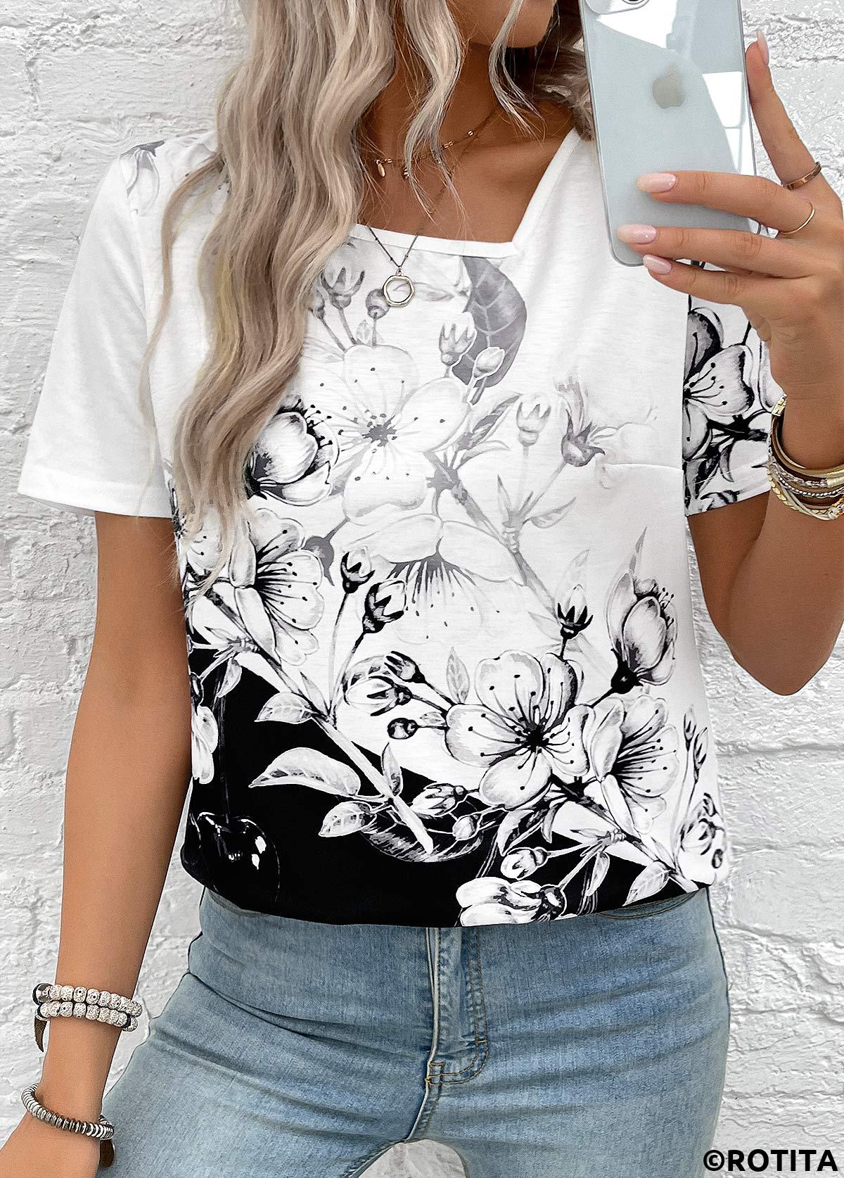Black tops,White tops,Floral tops,Plants tops,Lightweight Floral Print Black Asymmetrical Neck T Shirt
