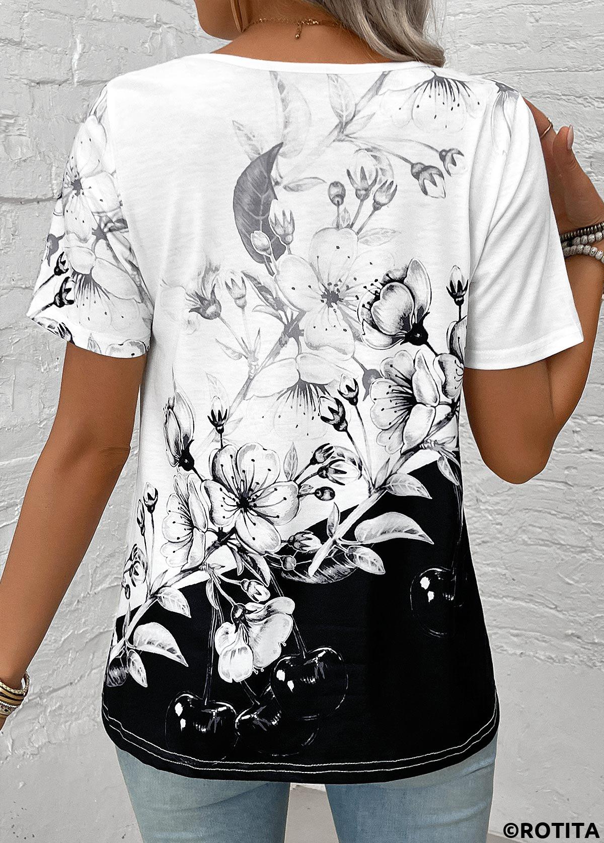 Black tops,White tops,Floral tops,Plants tops,Lightweight Floral Print Black Asymmetrical Neck T Shirt