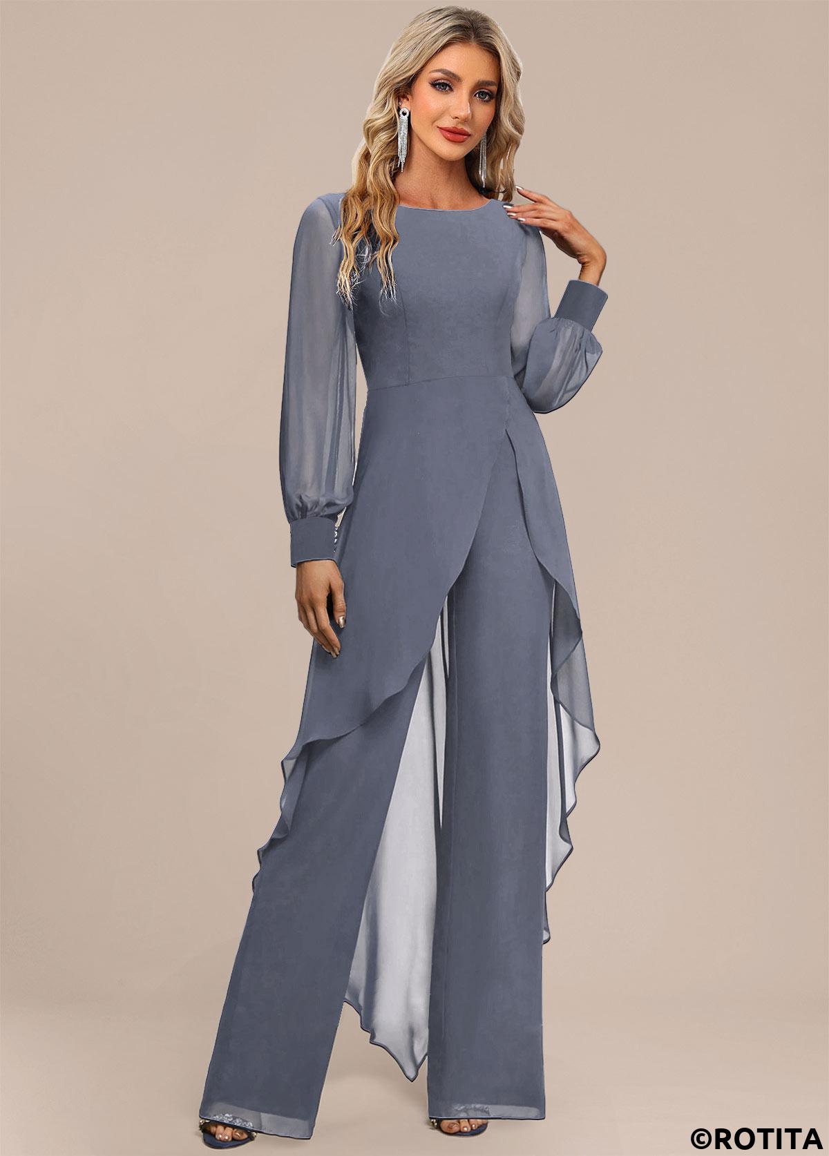 Dusty Blue jumpsuits&rompers,Plain Color jumpsuits&rompers,ROTITA Patchwork Dusty Blue Long Scoop Neck Jumpsuit