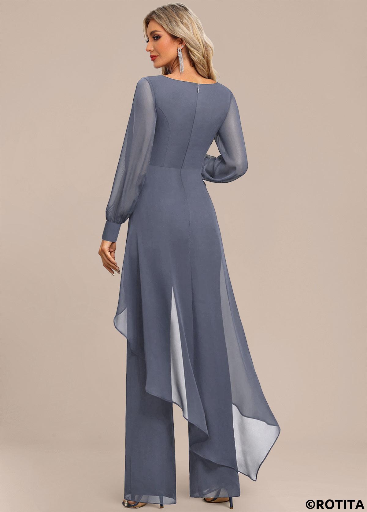 Dusty Blue jumpsuits&rompers,Plain Color jumpsuits&rompers,ROTITA Patchwork Dusty Blue Long Scoop Neck Jumpsuit