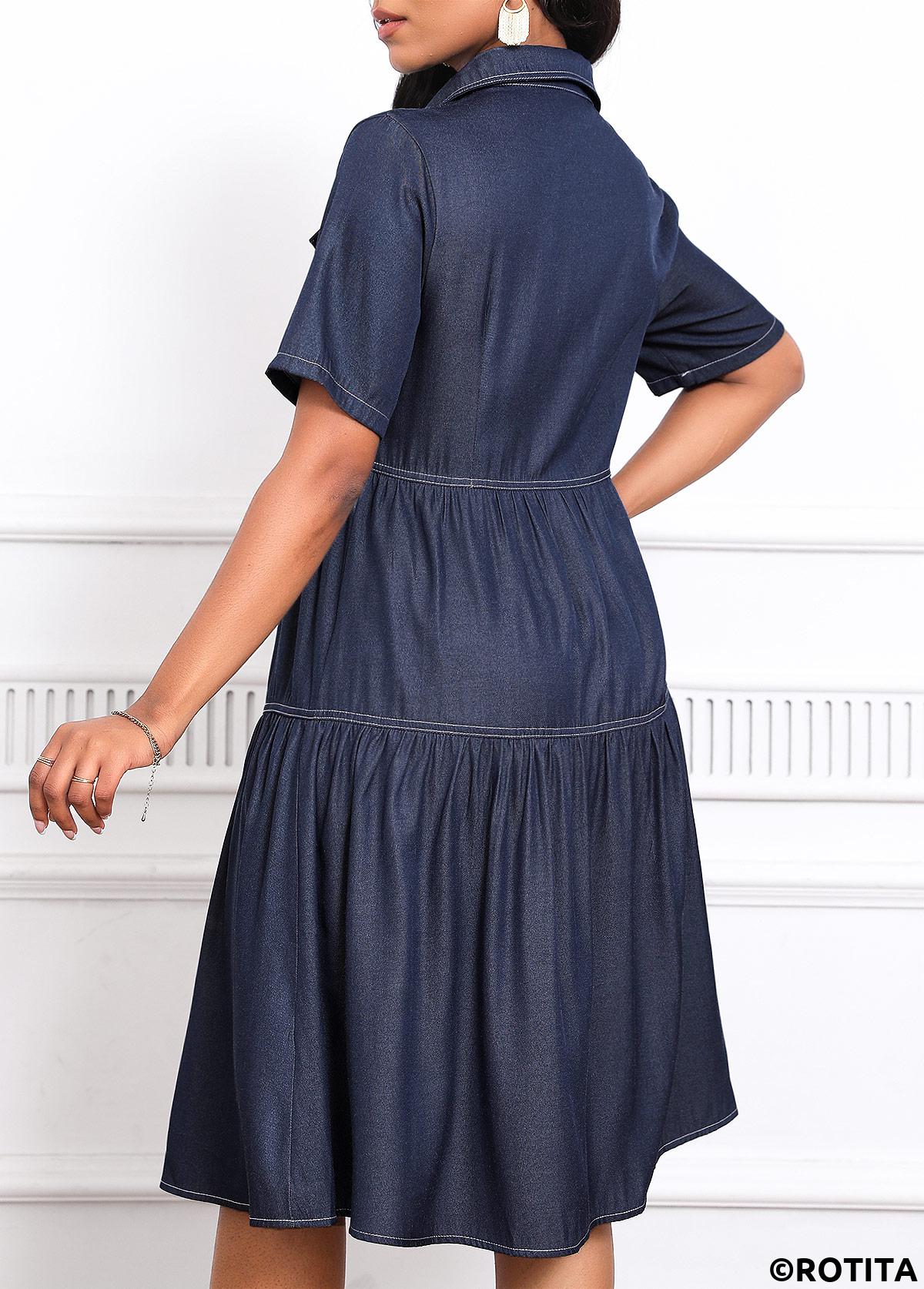 Denim Blue dresses,Plain Color dresses,Everyday dresses,Casual dresses,ROTITA Pocket Denim Blue Turn Down Collar Short Sleeve Dress