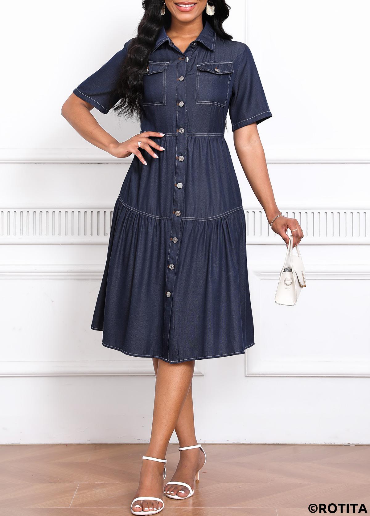 Denim Blue dresses,Plain Color dresses,Everyday dresses,Casual dresses,ROTITA Pocket Denim Blue Turn Down Collar Short Sleeve Dress