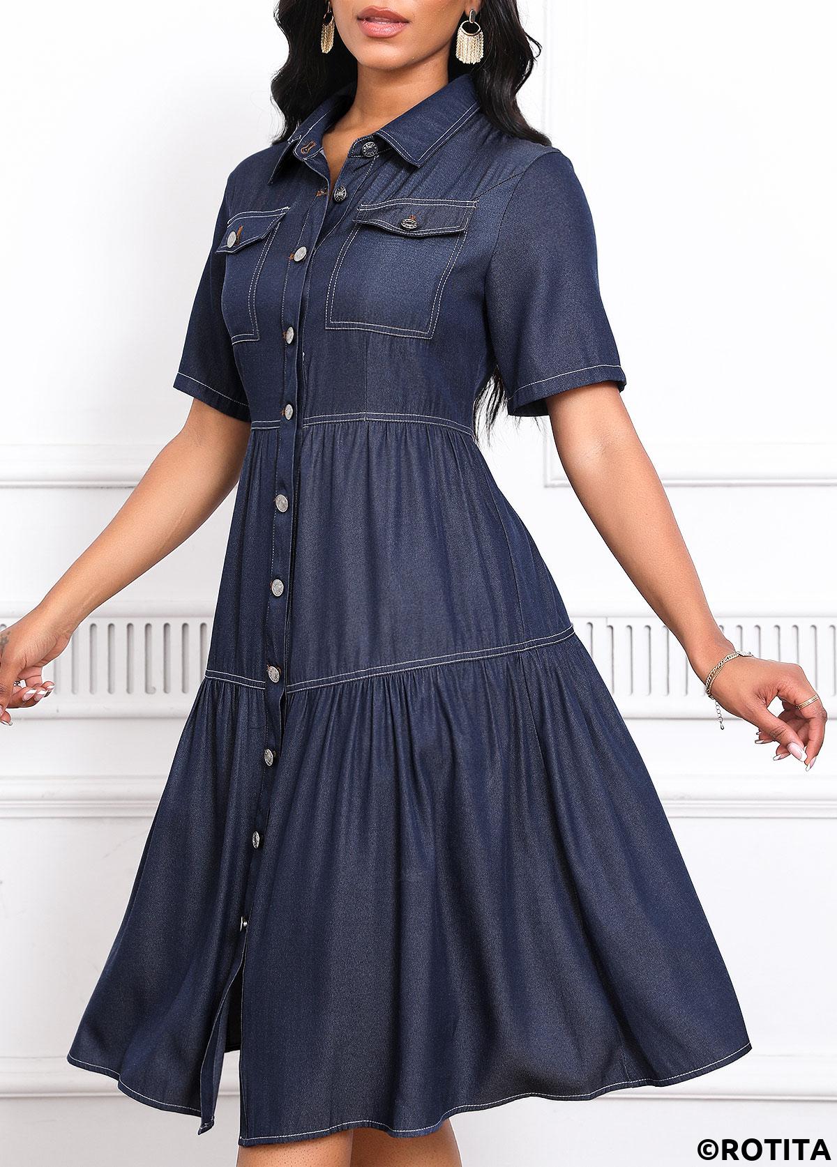Denim Blue dresses,Plain Color dresses,Everyday dresses,Casual dresses,ROTITA Pocket Denim Blue Turn Down Collar Short Sleeve Dress