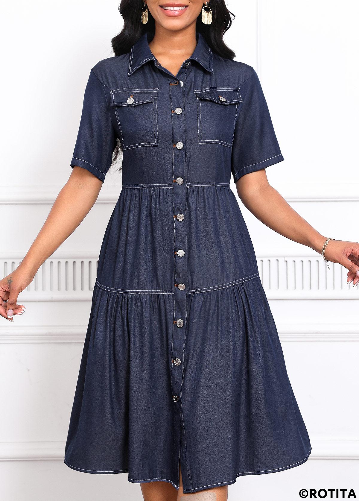 Denim Blue dresses,Plain Color dresses,Everyday dresses,Casual dresses,ROTITA Pocket Denim Blue Turn Down Collar Short Sleeve Dress