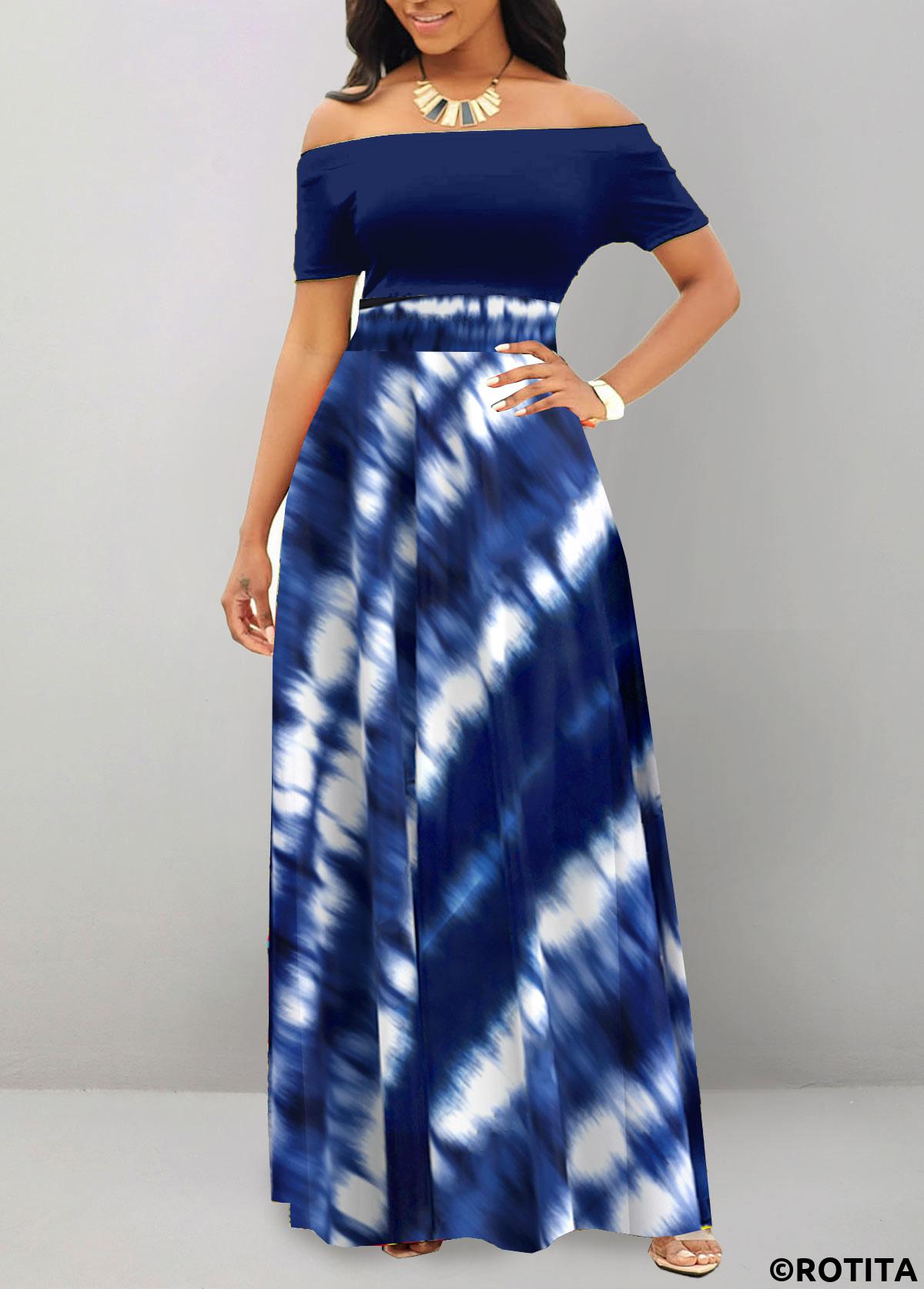 Navy dresses,Tie Dye dresses,Party dresses,Elegant dresses,ROTITA Patchwork Tie Dye Print Navy Off Shoulder Maxi Dress