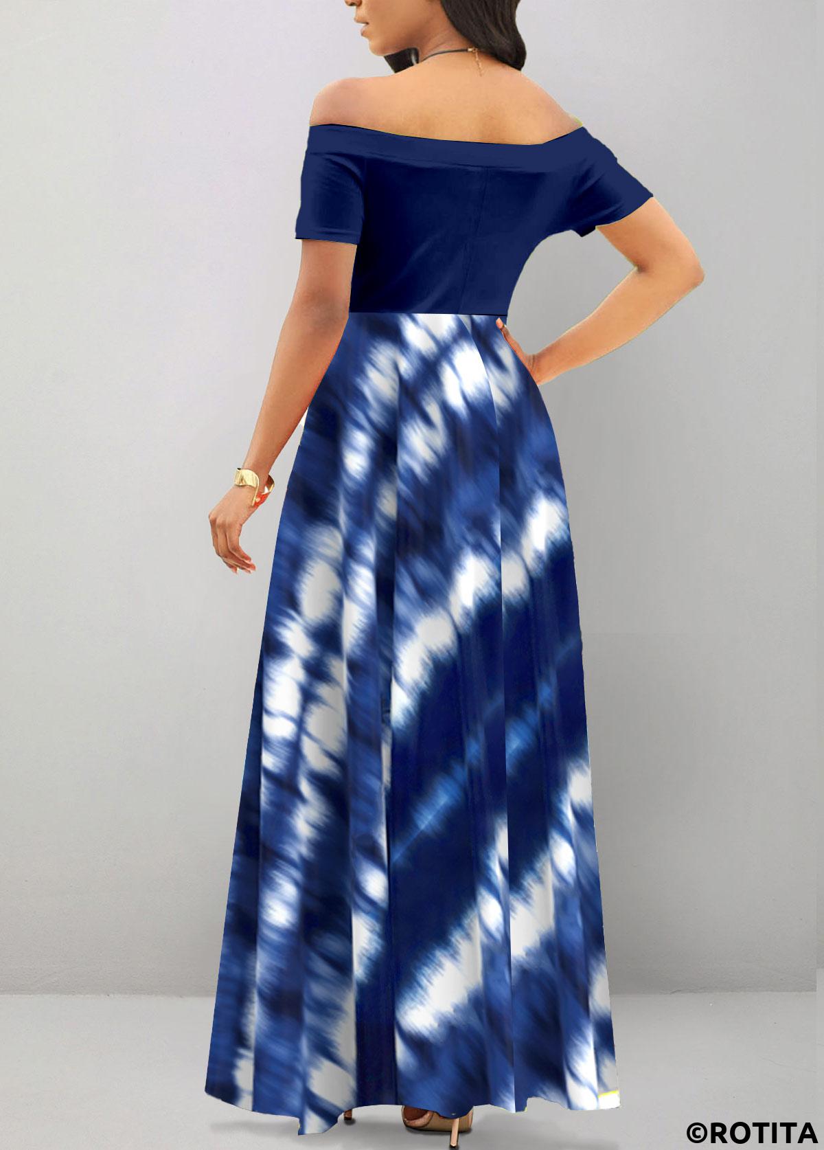 Navy dresses,Tie Dye dresses,Party dresses,Elegant dresses,ROTITA Patchwork Tie Dye Print Navy Off Shoulder Maxi Dress