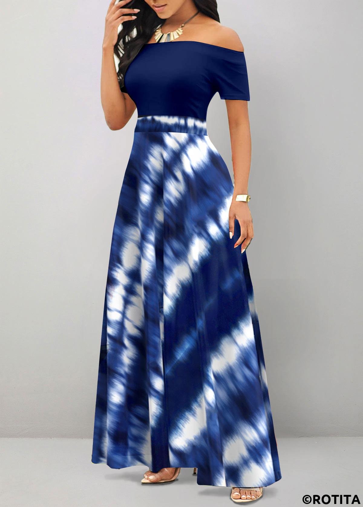 Navy dresses,Tie Dye dresses,Party dresses,Elegant dresses,ROTITA Patchwork Tie Dye Print Navy Off Shoulder Maxi Dress