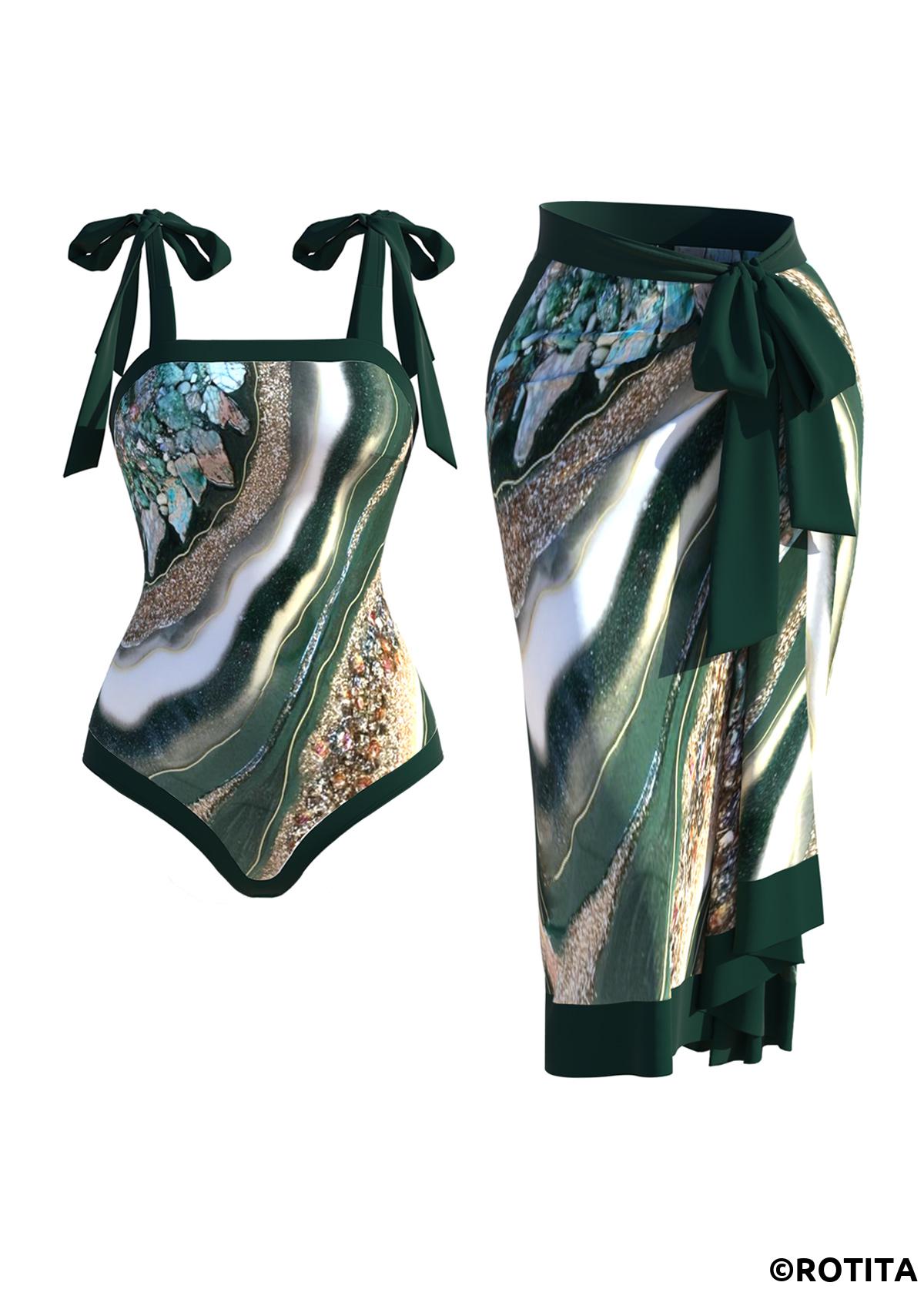 Green swimwear,Marble swimwear,ROTITA Green Marble Print One Piece Swimwear and Cover Up