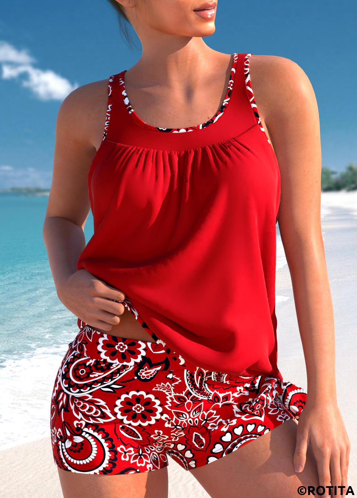 Red swimwear,Paisley swimwear,Geometric swimwear,ROTITA Bowknot Red Paisley Print Tankini Set