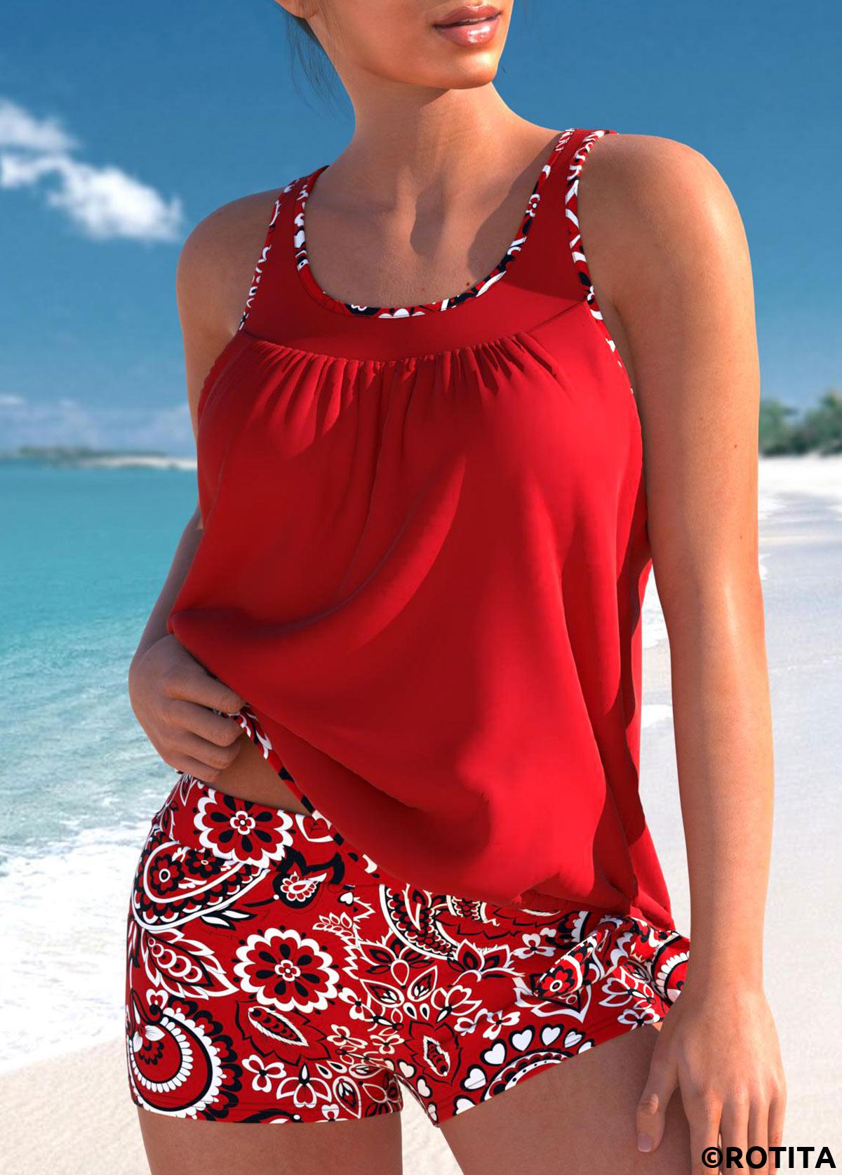 Red swimwear,Paisley swimwear,Geometric swimwear,ROTITA Bowknot Red Paisley Print Tankini Set