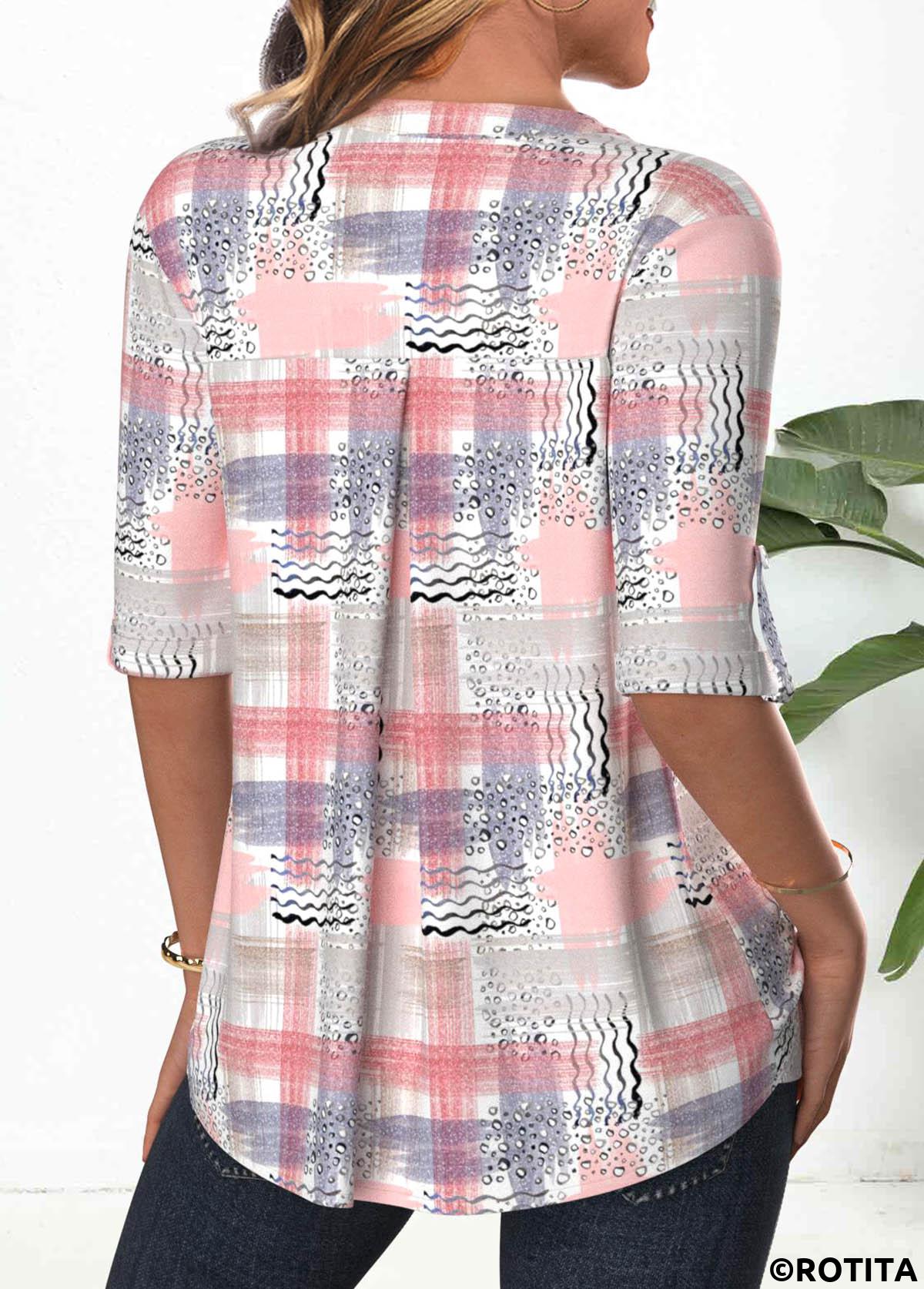 Light Pink tops,Geometric tops,Striped tops,ROTITA Button Geometric Print Light Pink Split Neck Blouse