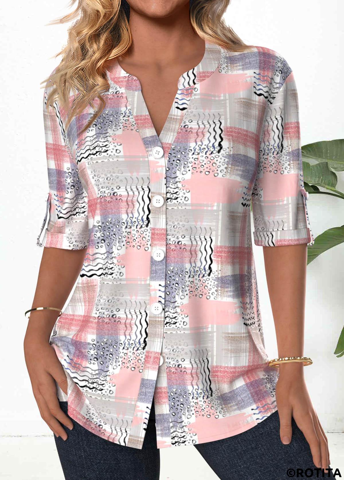 Light Pink tops,Geometric tops,Striped tops,ROTITA Button Geometric Print Light Pink Split Neck Blouse
