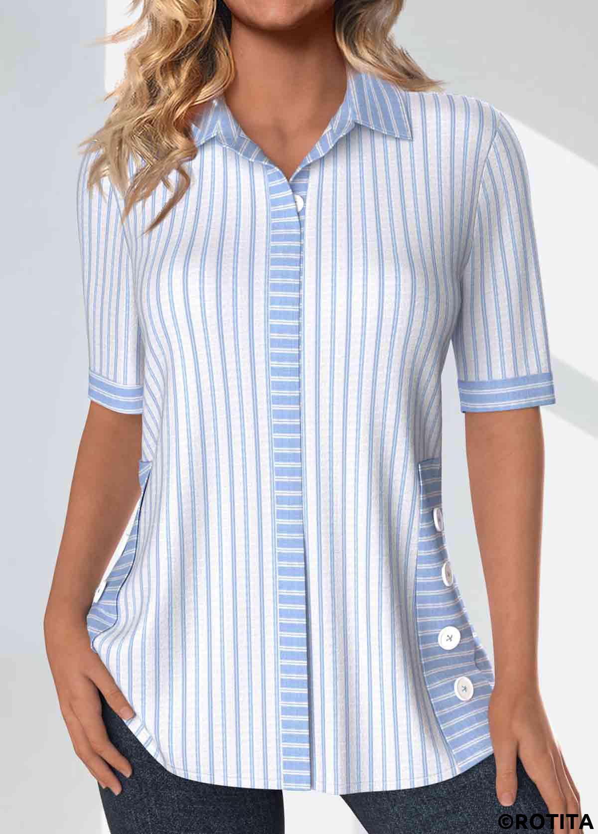 Light Blue tops,Striped tops,Geometric tops,ROTITA Patchwork Striped Light Blue Shirt Collar Half Sleeve Blouse