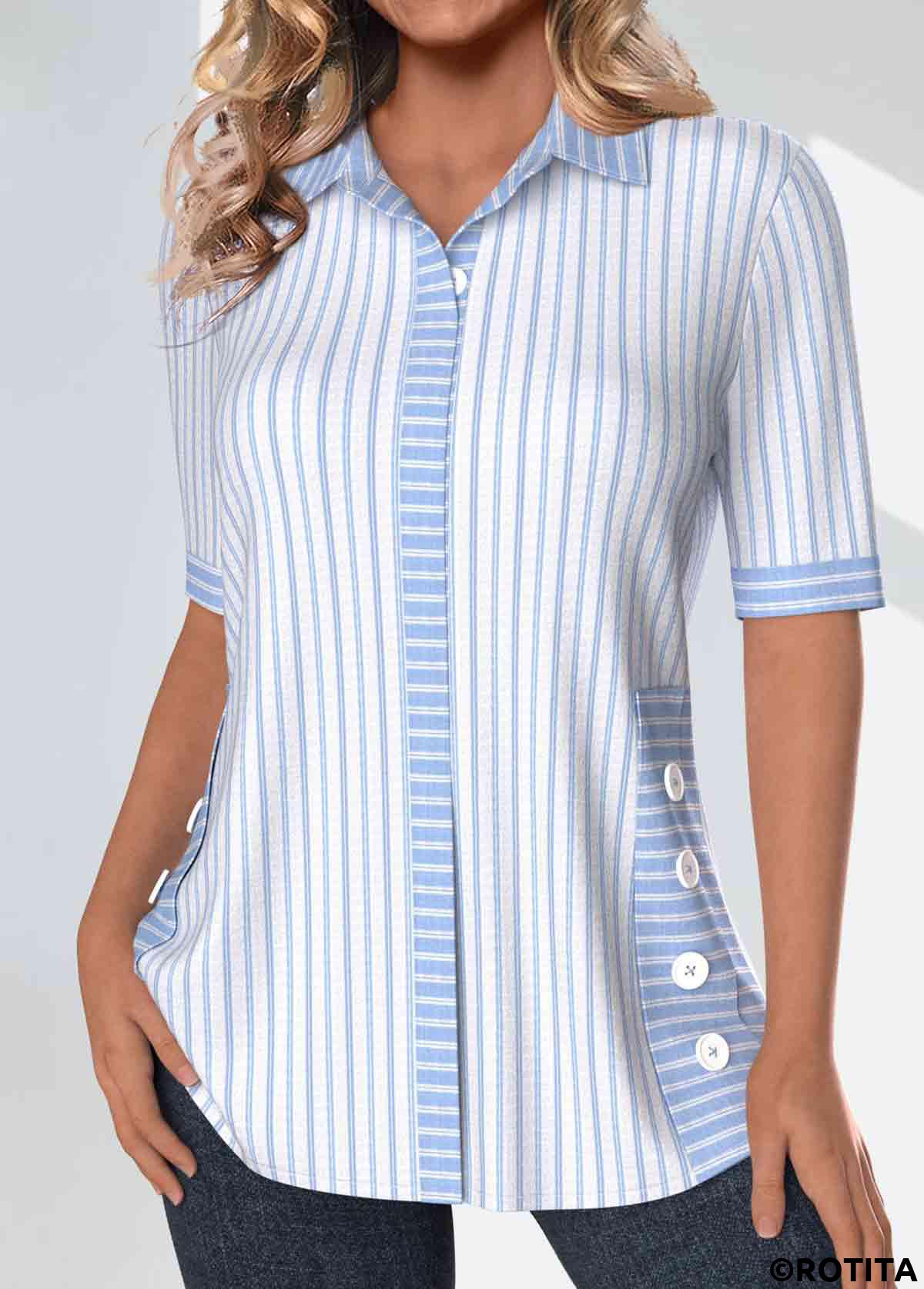 Light Blue tops,Striped tops,Geometric tops,ROTITA Patchwork Striped Light Blue Shirt Collar Half Sleeve Blouse